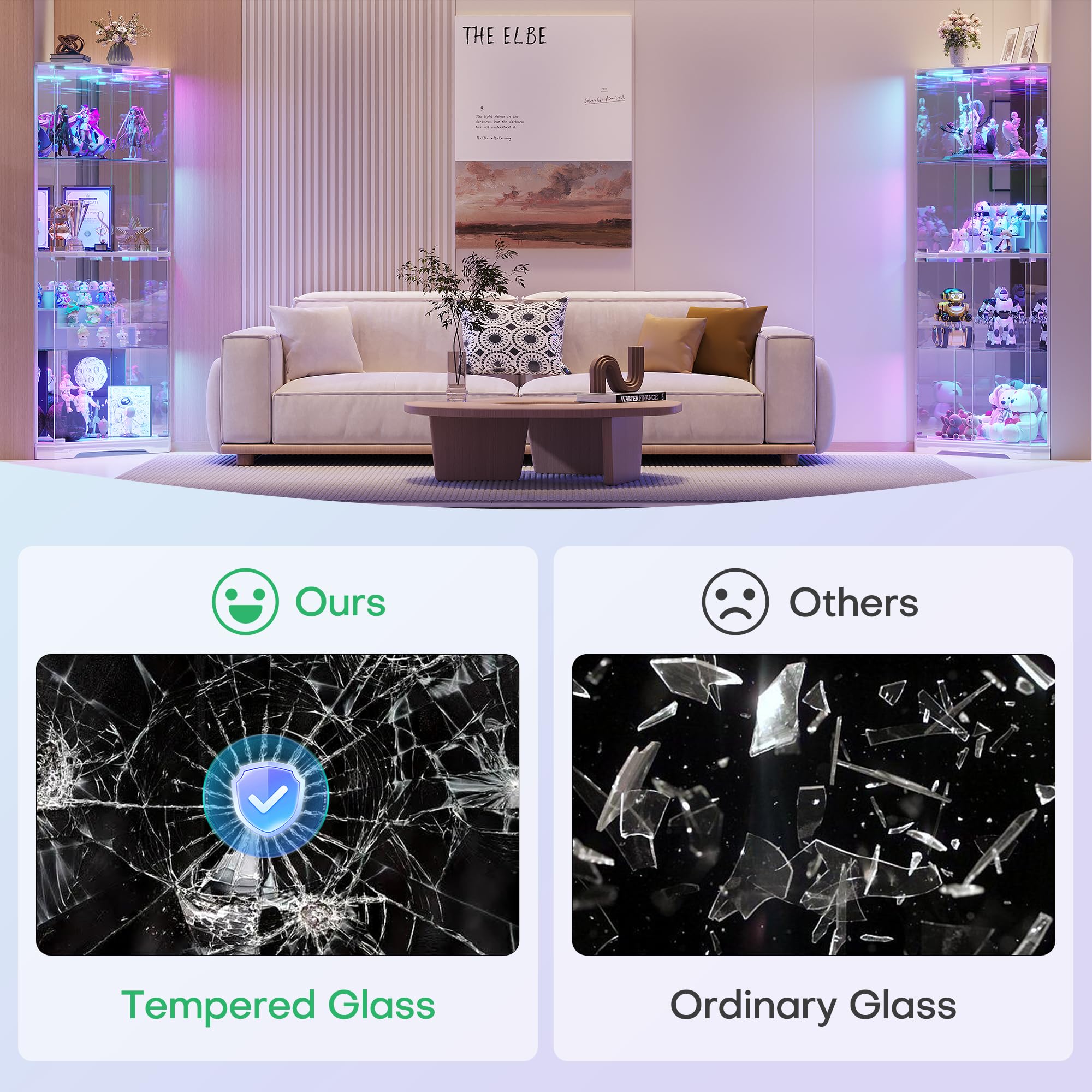 FREDEES 164cm Glasvitrine Stehend Eckvitrine, Vitrinenschrank mit RGB-Beleuchtung für Sammlerstücke, 4-Etagen LED Glas Eck-Kuriositätenschränke für Sammlerstücke/Spielzeug/Bücher, Weiß