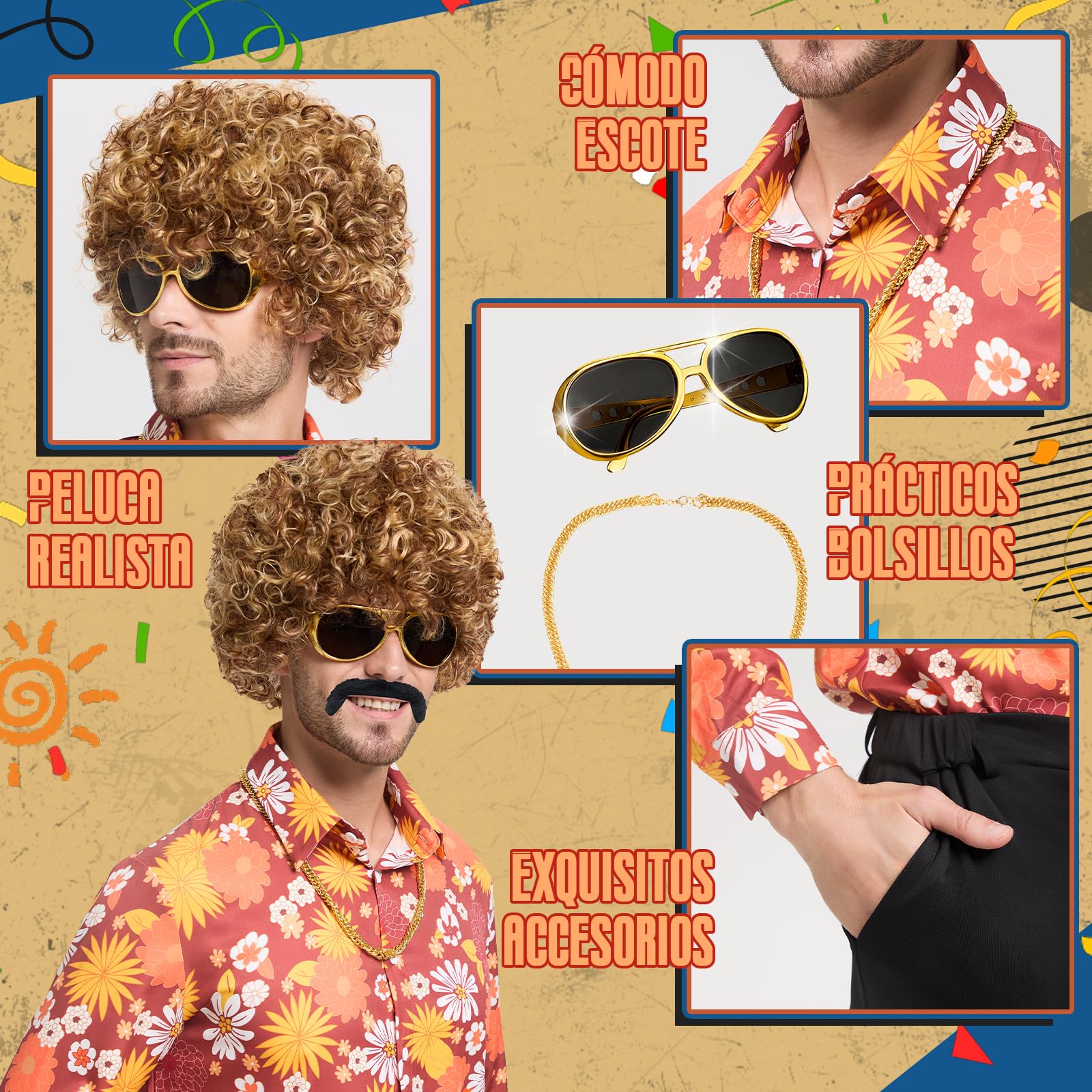 BuzzoXerex Disfraz Años 70 Hombre, 7 Piezas Disfraz Hippie Hombree con Peluca, Camisa, Pantalones de Campana y Accesorios de Disco para Carnaval Halloween y Fiesta Temática