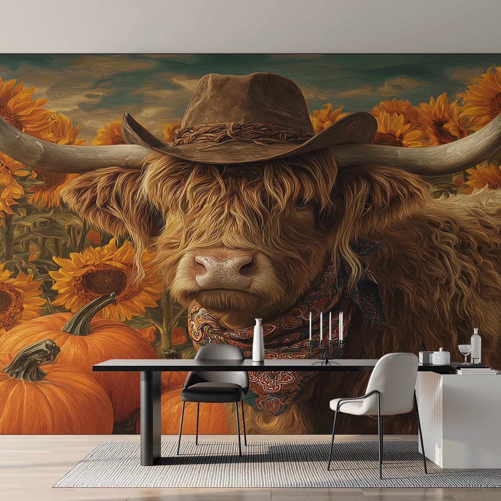 Papier peint vache des highlands et tournesol pour créer un salon style campagne chic