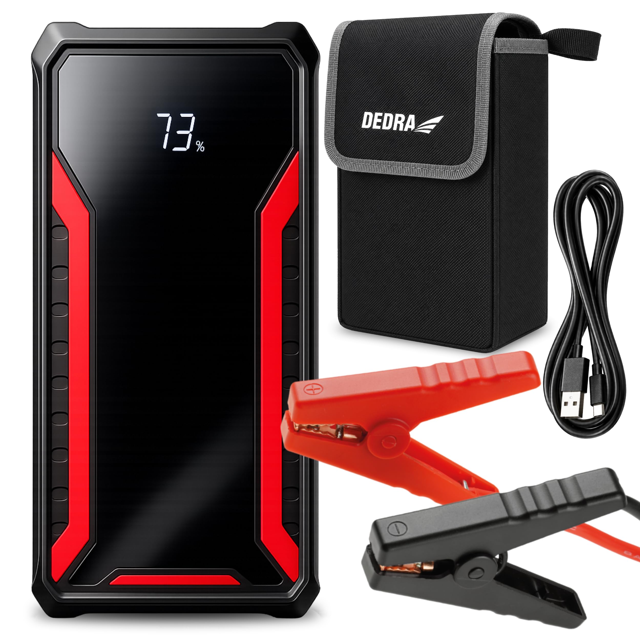 Jump Starter 12V 1800A, Powerbank DEDRA DEPP1201 Starthilfe mit 12000mAh Li-Ion Akku, Autobatterie Booster mit LCD-Anzeige und Sicherheitskabeln, Notstart von Diesel- und Benzinmotoren