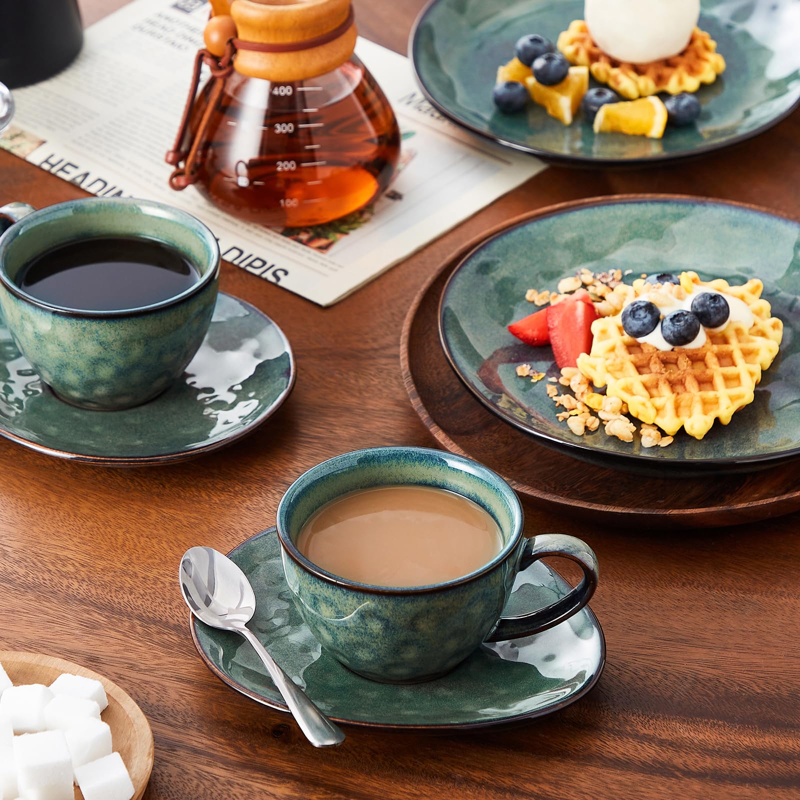 vancasso serie Starry Juego de Taza y Platillo 12 piezas con 4 Tazas, 4 Platillos y 4 platos de postre, Vajillas de Gres para Desayuno/Café, 270 ML Tazas de Café per 4 Persone, Irregular Esmalte Verde