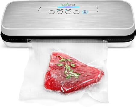 NutriChef Vacuum Sealer Machine – Compact Silver Vacuum Sealing System with Dry & Moist Modes, LED Indicators, Starter Kit & Extra Bags – Ideal for Food Preservation, Meal Prep & Sous Vide Cooking
