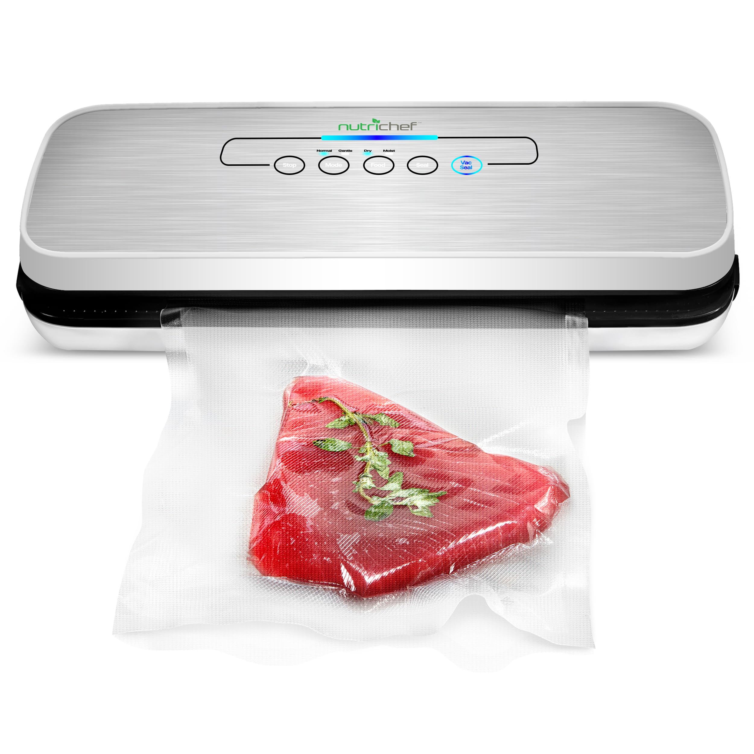 NutriChef Vacuum Sealer Machine – Compact Silver Vacuum Sealing System with Dry Moist Modes, LED Indicators, Starter Kit Extra Bags – Ideal for Food Preservation, Meal Prep Sous Vide Cooking