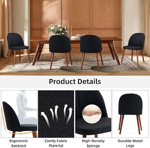 Miniatura 5 de Juego de 4 sillas de comedor de tela, sillas de comedor modernas tapizadas de mediados de siglo, silla decorativa sin brazos con patas de madera de