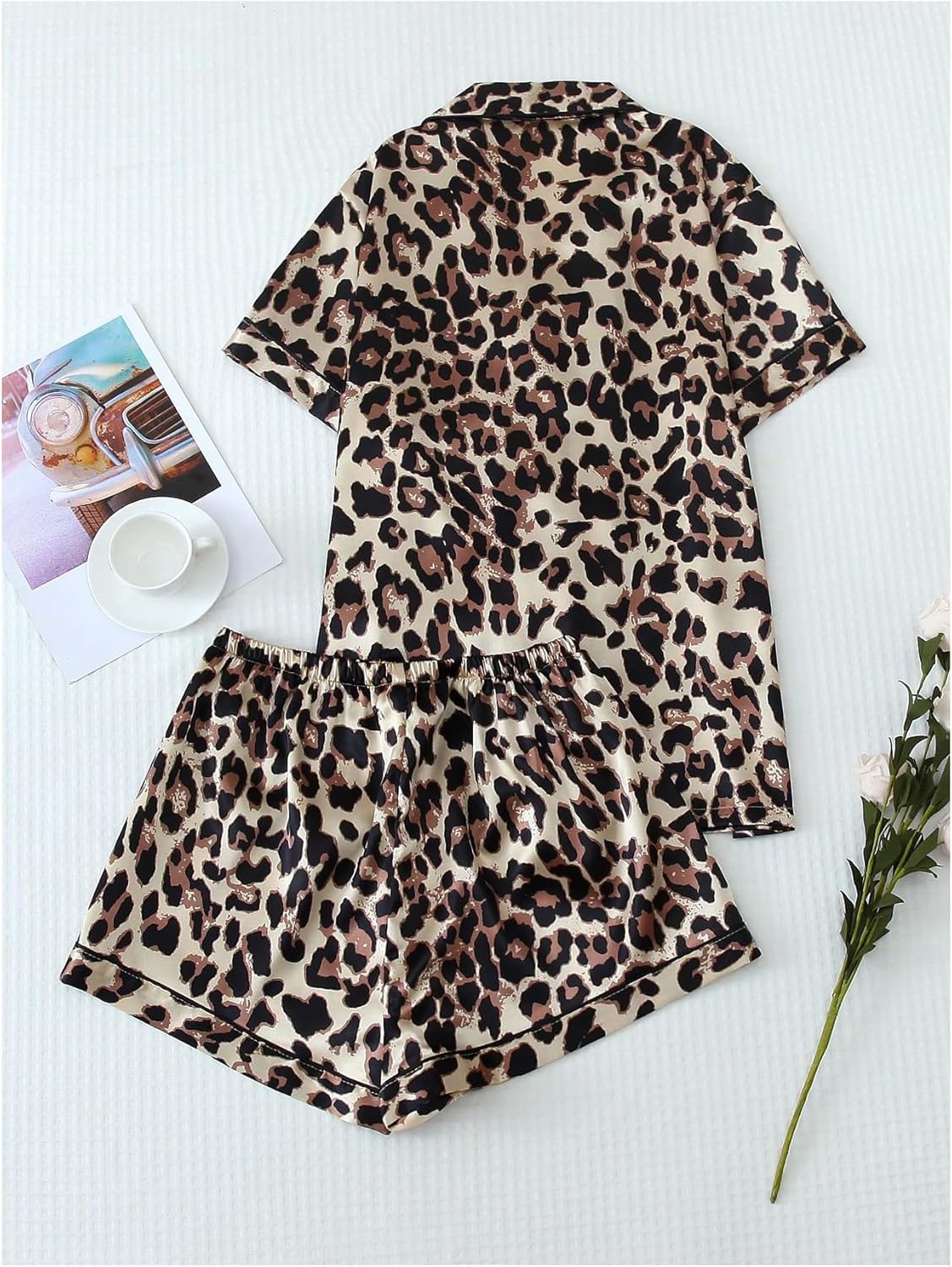 SHENHE Women's 2 Piece Satin Pajama Set Leopard Short Sleeve Button Down Pj Shorts Set - Image 3