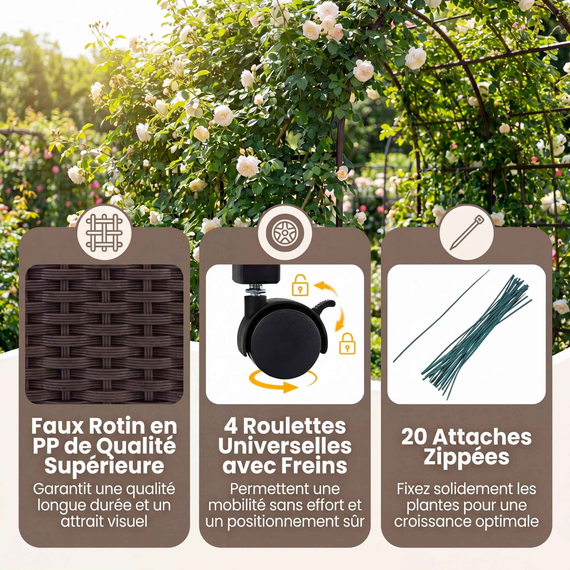 GOPLUS Arche de Jardin avec 2 Jardinères Surélevées, Roues Verrouillables, Arche Rosier avec Treillis Arqué, Auto-Arrosage pour Plantes Grimpantes, Fleurs, Herbes, Légumes, Fruits (203x40x232CM)