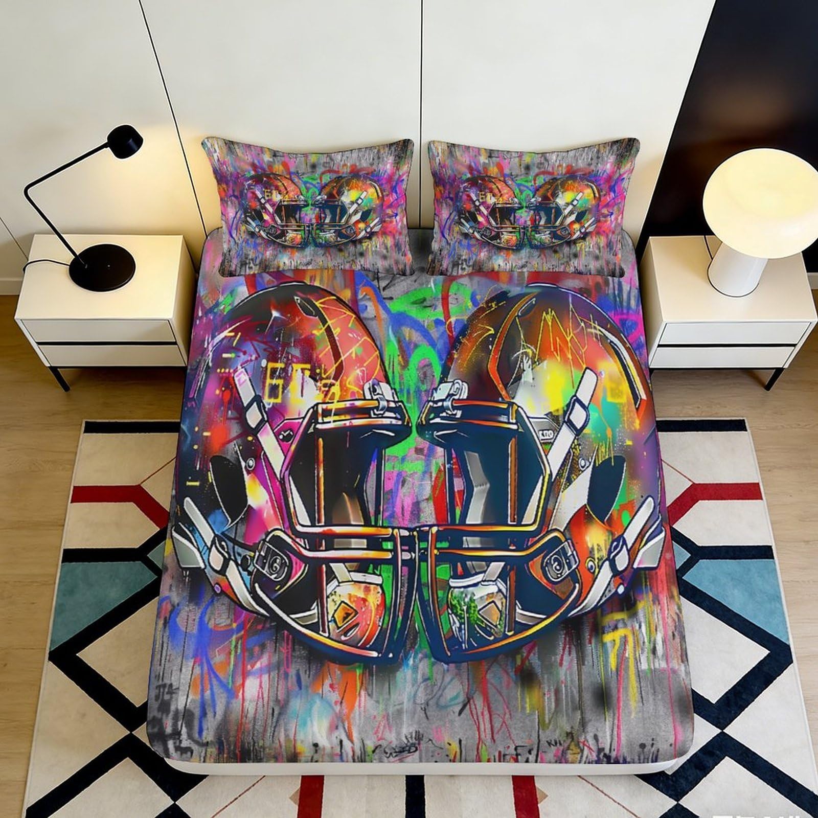 3D Printed Graffiti Football Helmet Fitted Sheet Microfiber Soft Breathable Colorful Helmet Bed Cover for Bedroom Dormitory Guest Room Mattress Protection 160x200x25cm