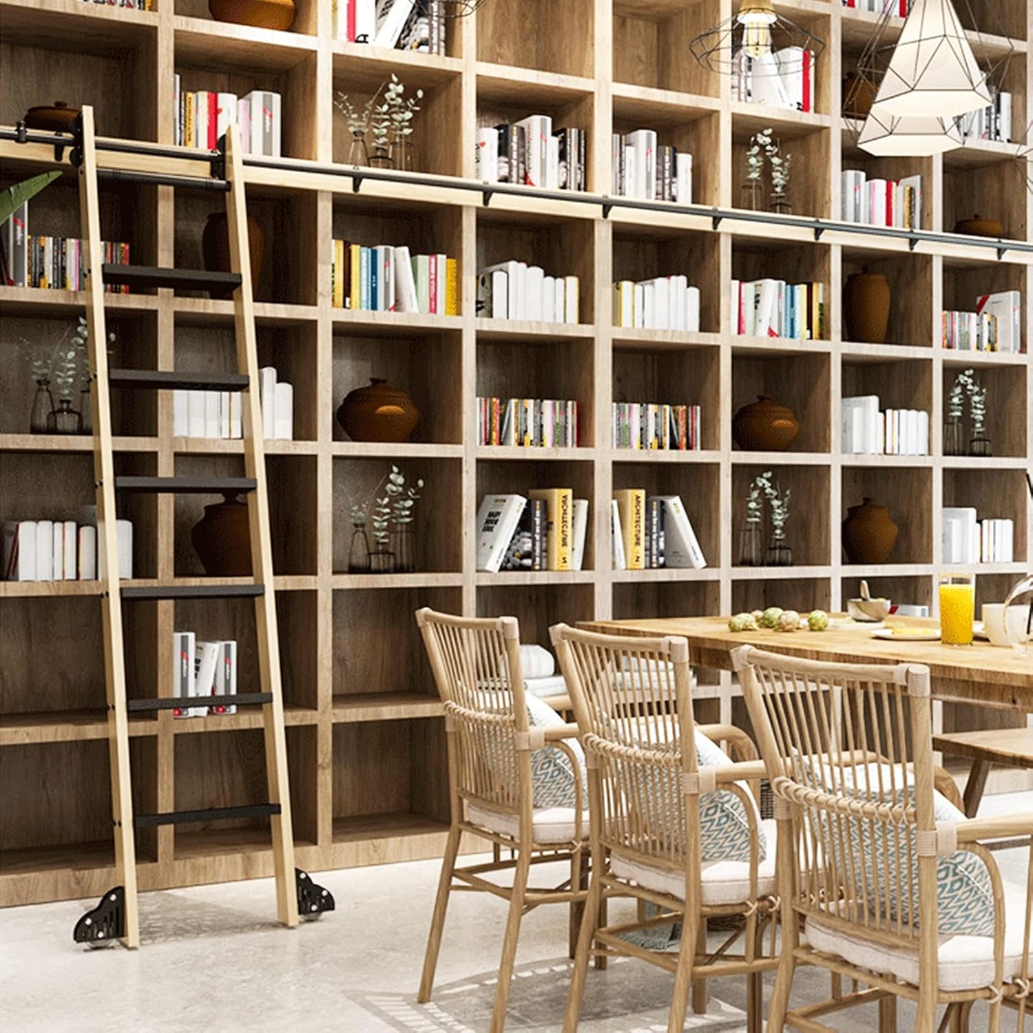 Mobile Ladder Kit 3.3ft-20ft with Floor Roller Wheels + Black Round Tube Extention Track/Rail (No Ladder) Sliding Barn Door Full Set Hardware for Library/Loft/Home/Indoor/Bookstor