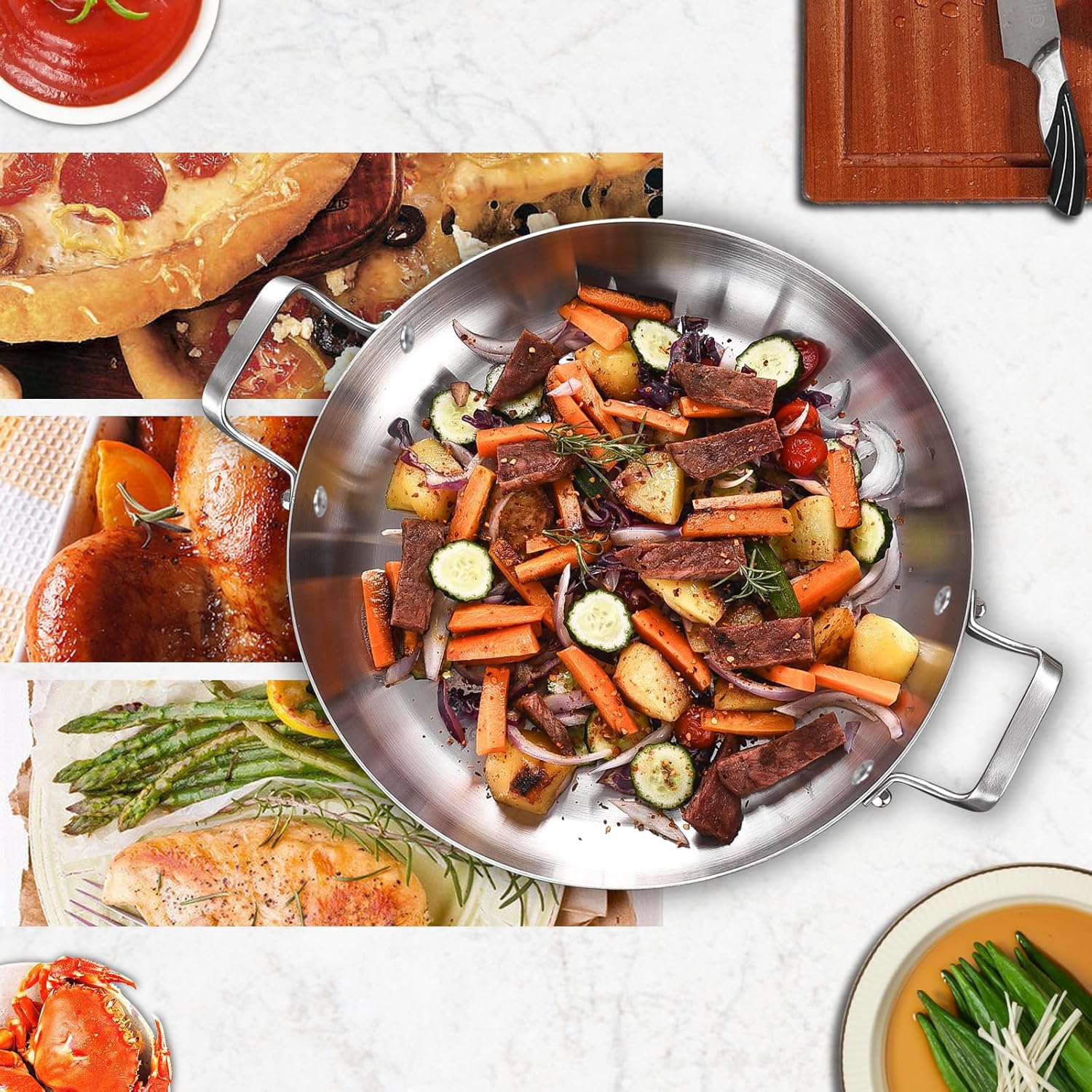 Inqibee Poêle à Paella 30 cm en Acier Inoxydable avec Couvercle, Poignées en Inox, Pour 3 à 5 Personnes, Nettoyage Facile, Compatible Lave-vaisselle, Four et Tous Feux Induction et Gaz