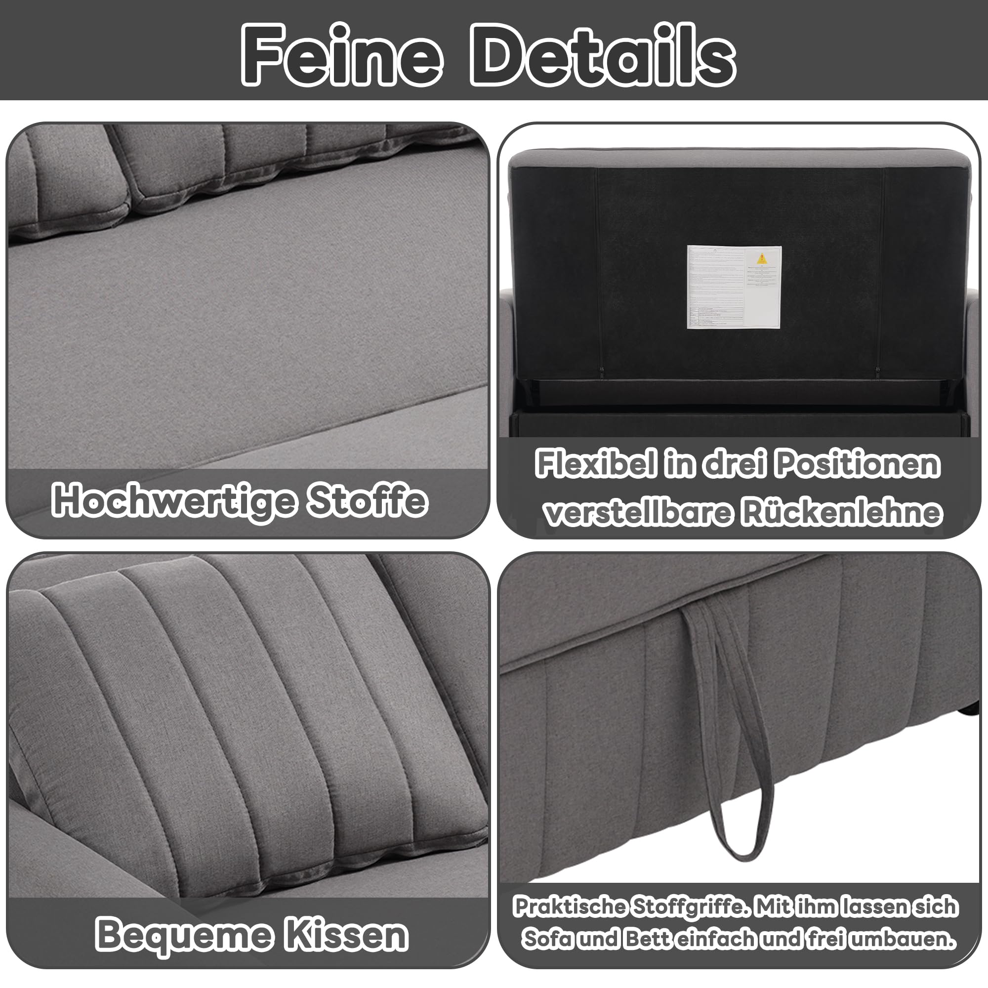 HAINEW Moderner Klappbares Schlafsofa Couch Sofa mit Schlaffunktion, 2-Sitzer Polstersofa Polstermöbel mit Rückenlehne und Armlehnen für Wohnzimmer, Schlafzimmer, Wohnung (Grau)