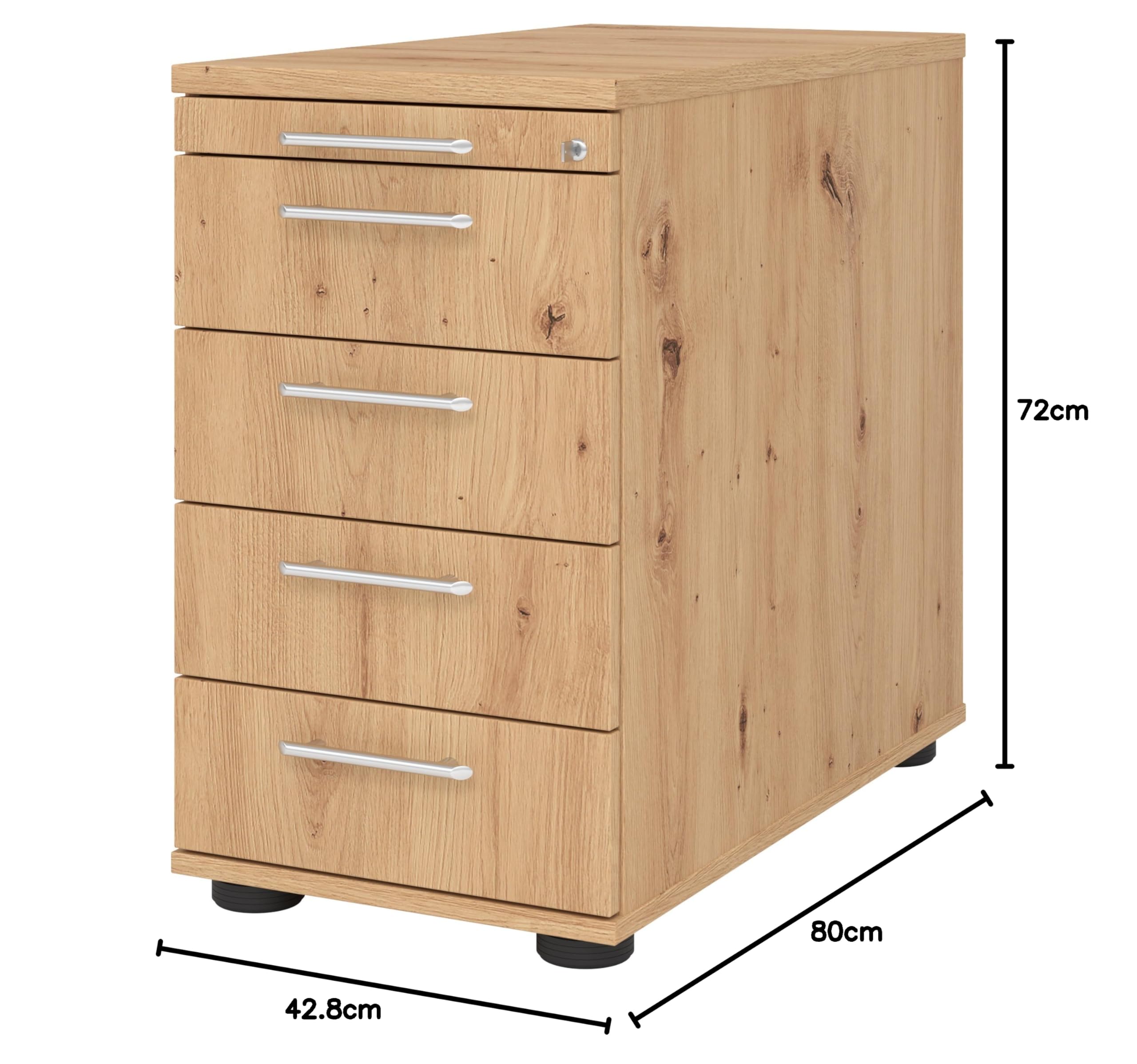bümö Schreibtisch Schrank abschließbar, Schubladenschrank Holz in Asteiche, Container mit Schubladen - Schubladen Schrank Büro, Schreibtisch Container od. Schreibtisch Kommode mit Relinggriffe