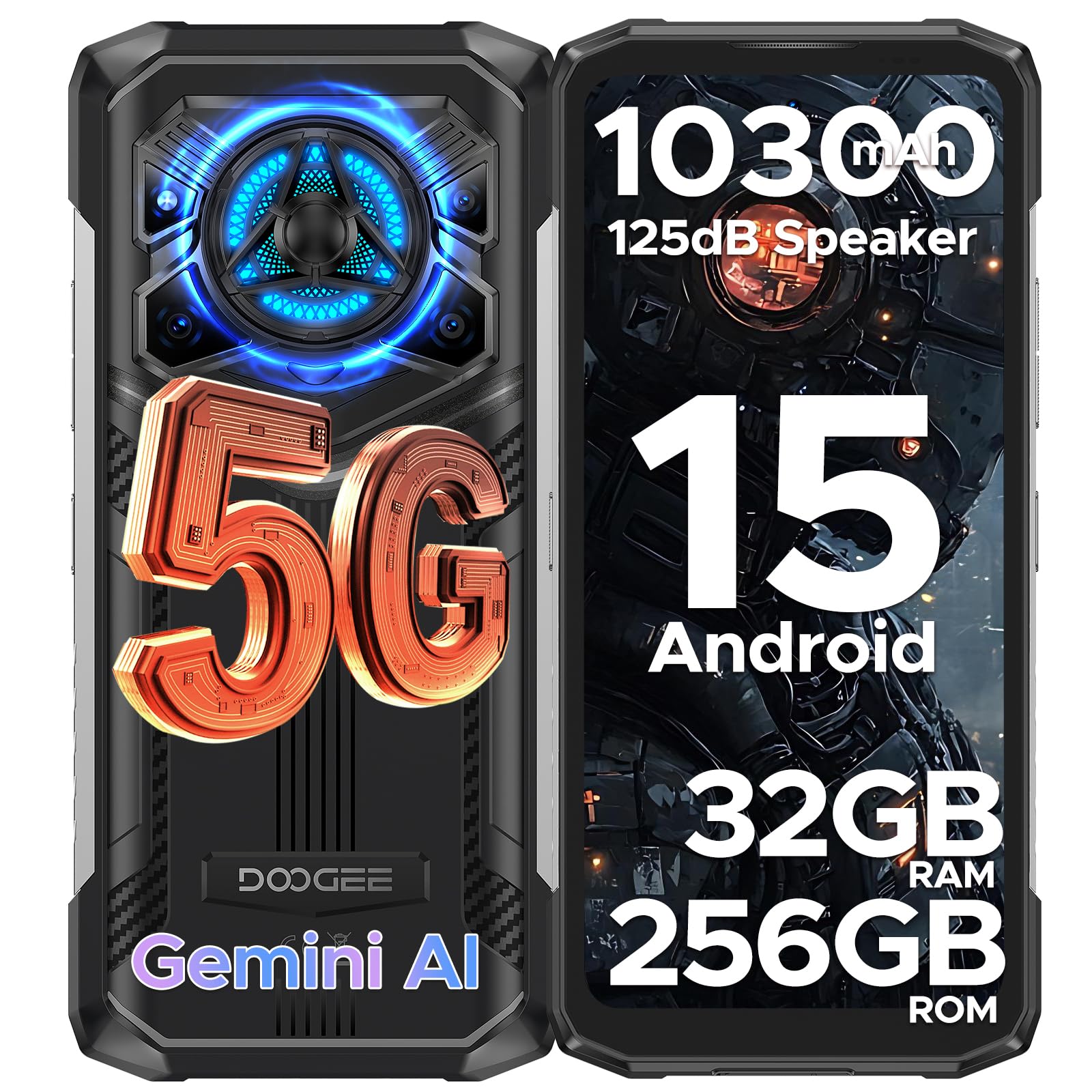 DOOGEE Rugged Smartphone 5G Blade 20 Play, Effetto Luce LED, 125dB Altoparlante, 32GB+256GB Gemini AI Telefono Rugged, 50MP AI+20MP Visione Notturna, Android 15/MTK 7050/6.56"/10300mAh/NFC/Dual SIM
