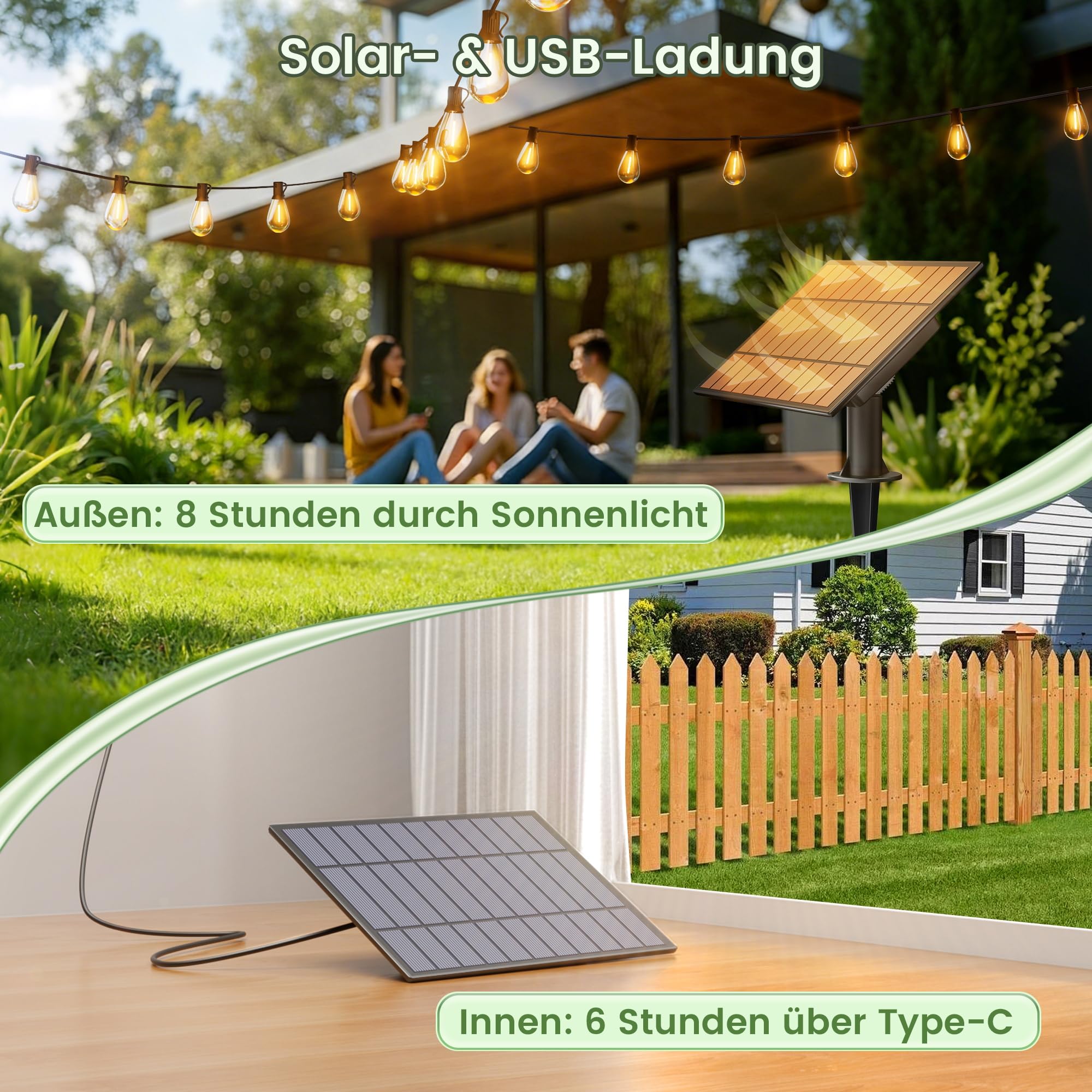 OHLUX 45m Solar-Lichterkette für den Außenbereich mit Fernbedienung, USB, Timer, 62 bruchsicheren LEDs, 2200K warmweiß, dimmbar, IP65 wasserdicht für Terrasse, Garten, Party, Hochzeit