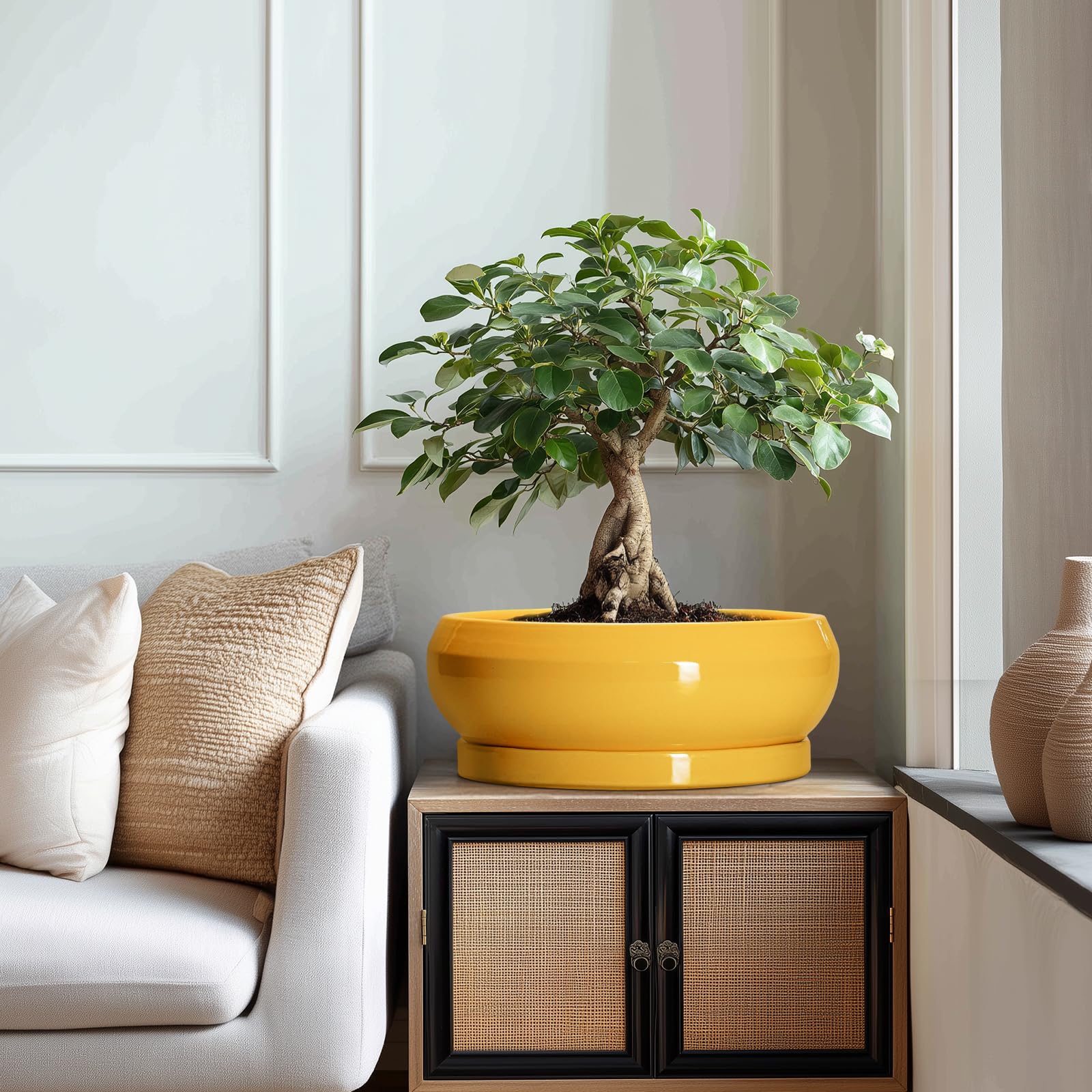 Bonsai-Töpfe aus Keramik, 33 cm, große Sukkulententententöpfe mit Ablaufloch und Untersetzer, Bonsai-Pflanzgefäß für drinnen und draußen, runde Flache Schale, Pflanzgefäß