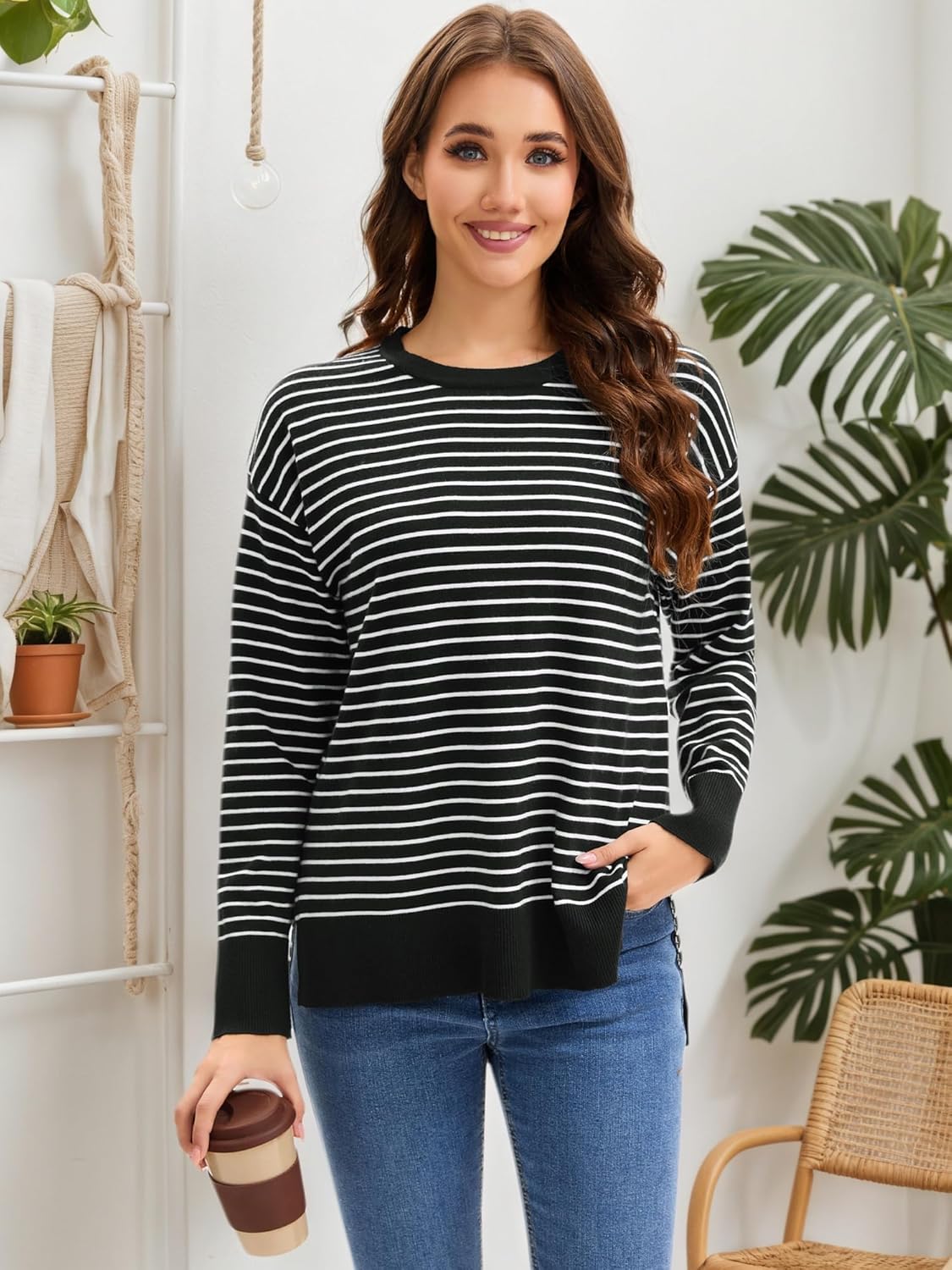 Womens Striped Sweater Side Slits Long Sleeve Crew Neck Loose Pullover Knit Tops Fall Casual Outfits - Image 6