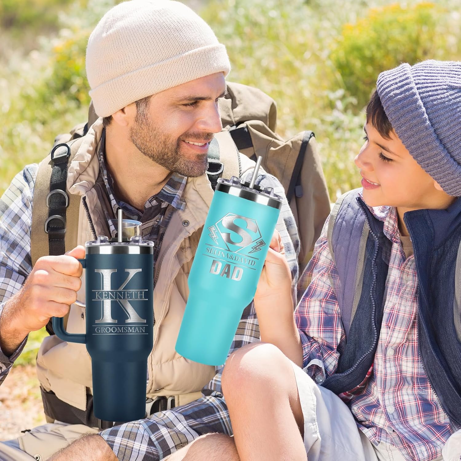 Personalized 40 oz Tumbler with Handle and Straw Lid, Custom Stainless Steel Water Bottles Travel Mug with Names, Personalized Fathers Birthday Christmas Gifts for Dad Men Friend(40oz engrave)