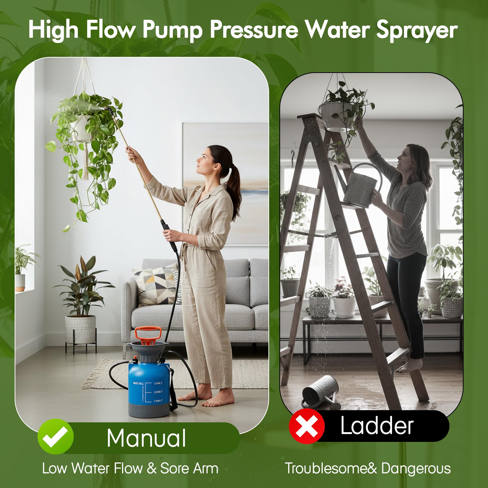 Riego de plantas de alto alcance para plantas colgantes de interior, pulverizador de presión de bomba telescópica con varita de latón y boquilla de riego ajustable de 180°, dispositivos de riego