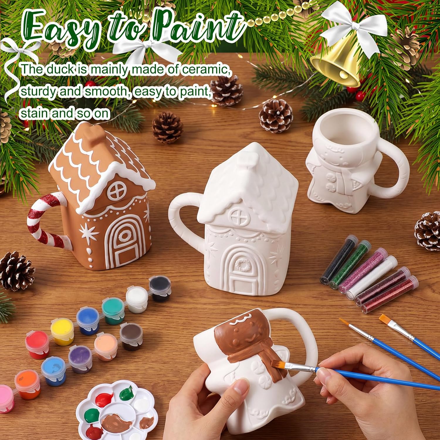 Reallnaive Set of 6 Ceramic Christmas Paint Your Own Mugs, Christmas Gingerbread Men Houses DIY Coloring Craft Kit with Paints, Glitters, Brushes, Palette for Xmas Activities Art Favor Decoration