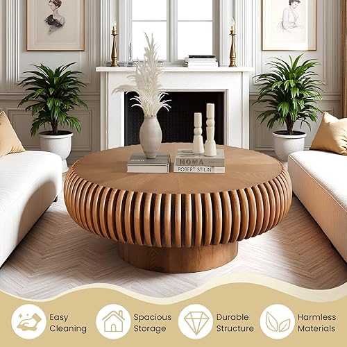 Miniatura 4 de Mesa de centro redonda acanalada de 31.5 pulgadas, moderna mesa de centro de madera para sala de estar, mesa central de alivio hecha a mano con