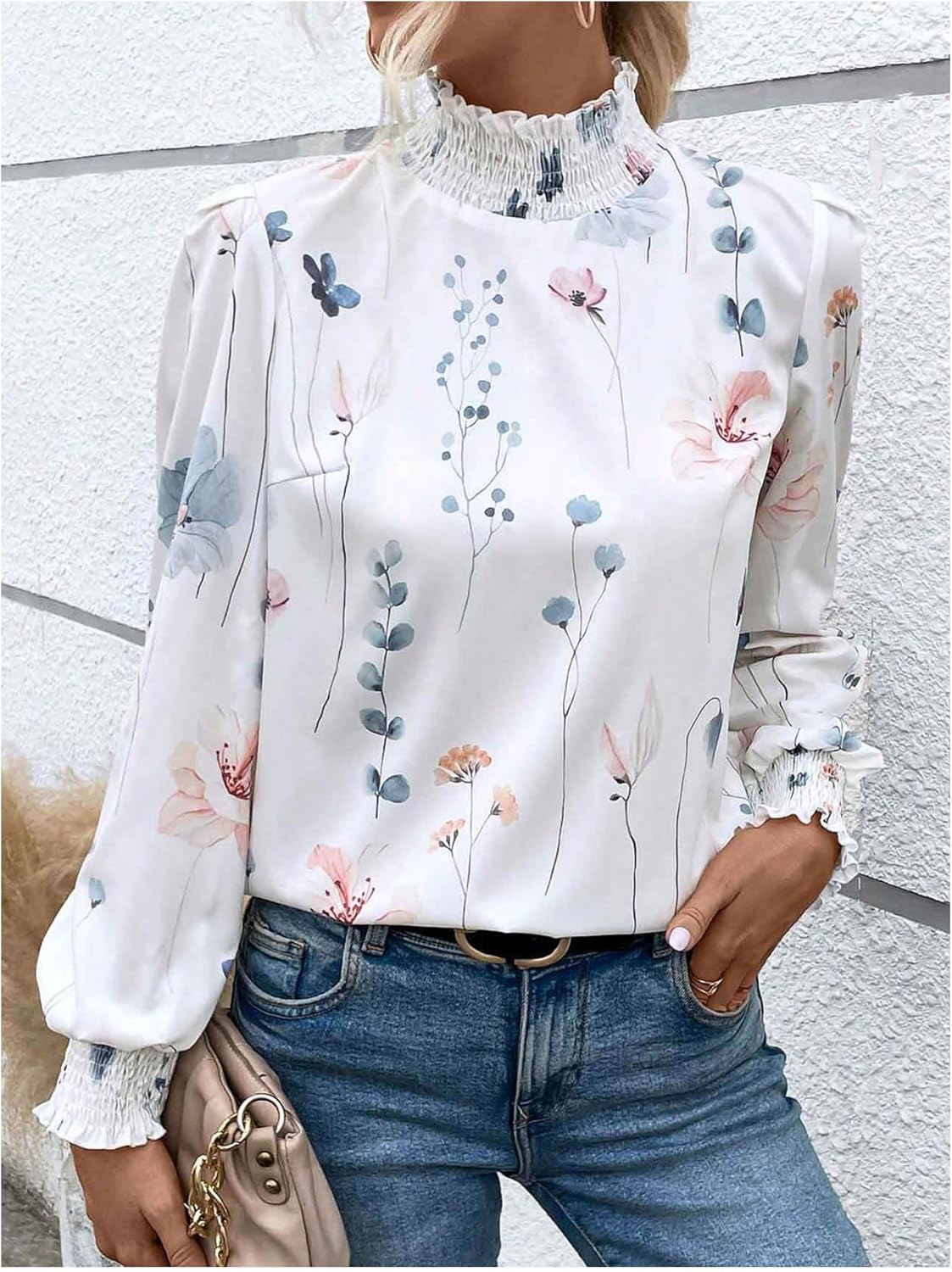 WDIRARA Women's Paisley Print Mock Neck Blouse Puff Long Sleeve Frill Trim Boho Shirt Tops - Image 3