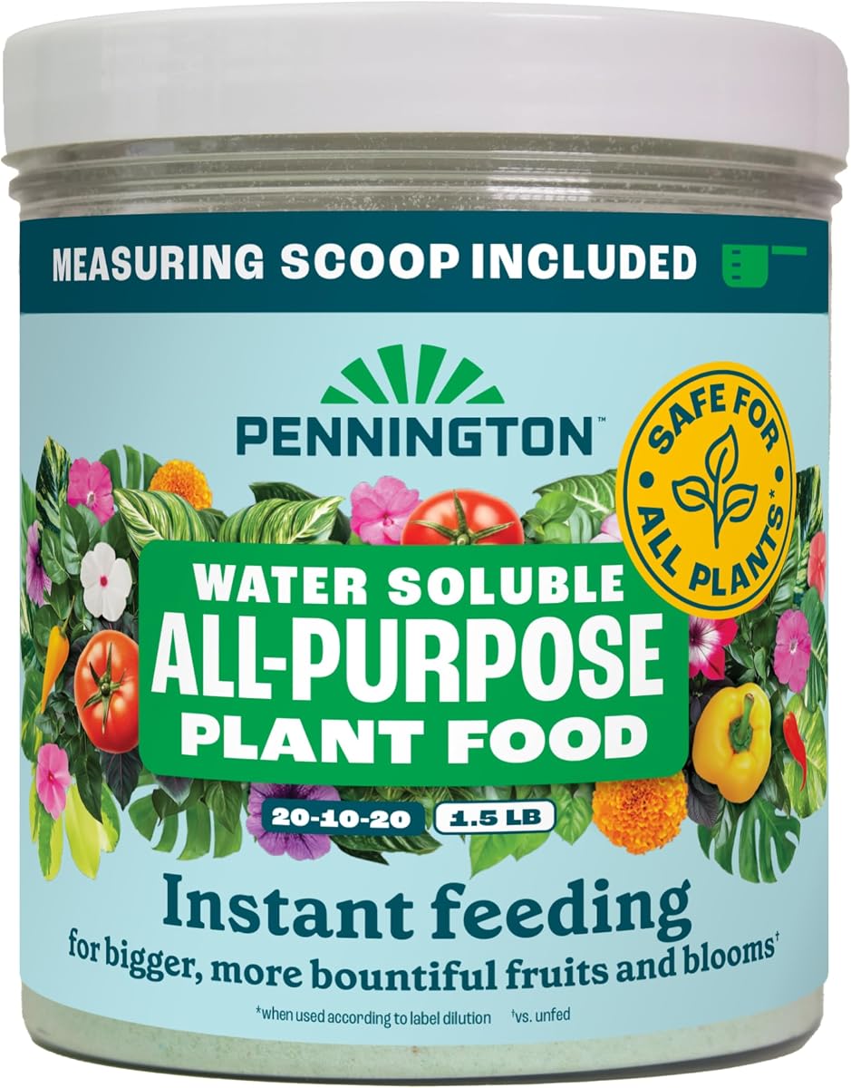 Pennington Water Soluble All Purpose Plant Food 20-10-20-1.5 lb | Fertilizer, measuring scoop, wide mouth jar, foam seal lid, for new and established plants