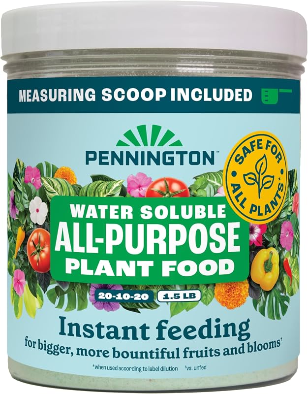 Pennington Water Soluble All Purpose Plant Food 20-10-20-1.5 lb | Fertilizer, measuring scoop, wide mouth jar, foam seal lid, for new and established plants