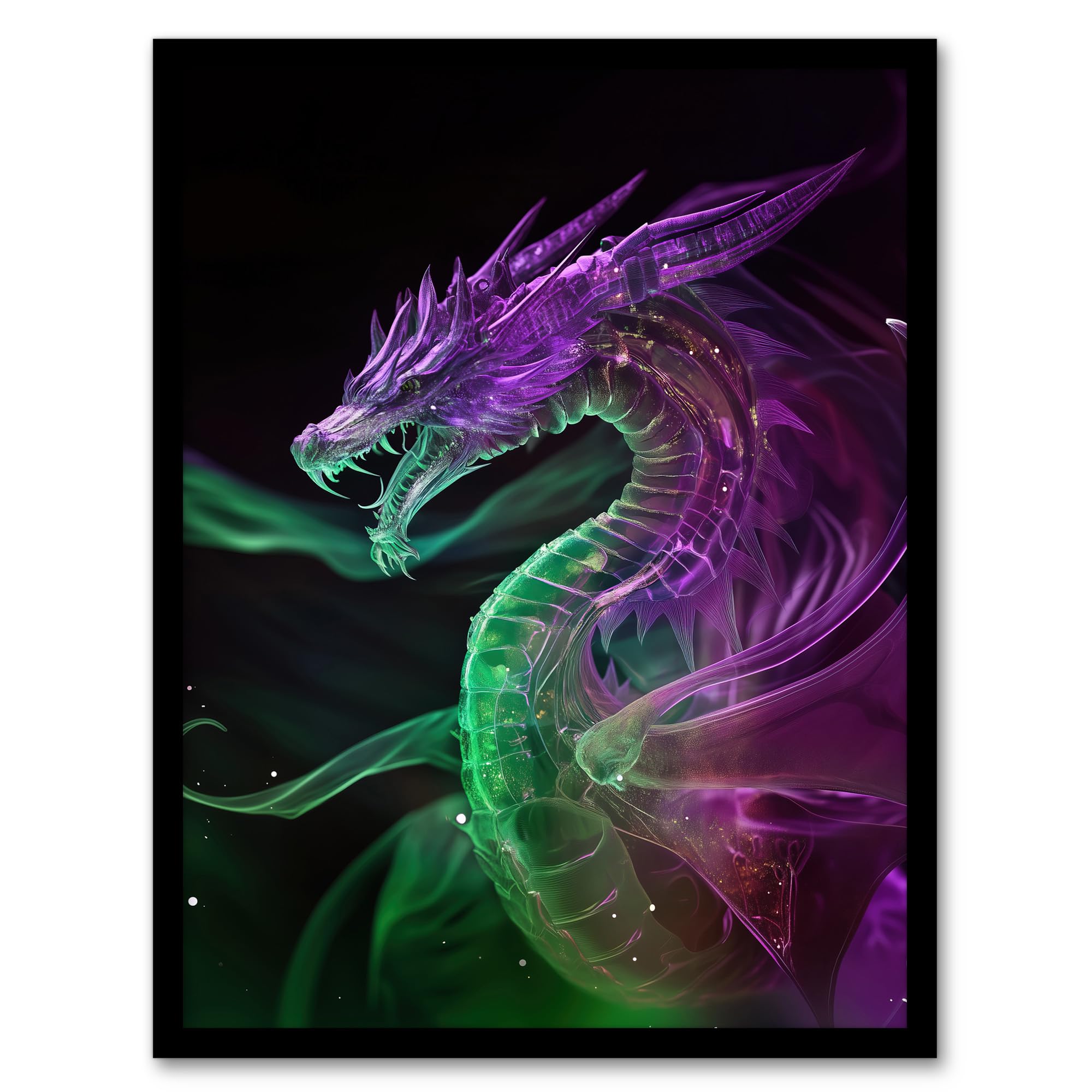 Artery8 Ethereal Dragon Purple Green Fantasy Art Living Room Artwork Framed Wall Art Print 18X24 Inch