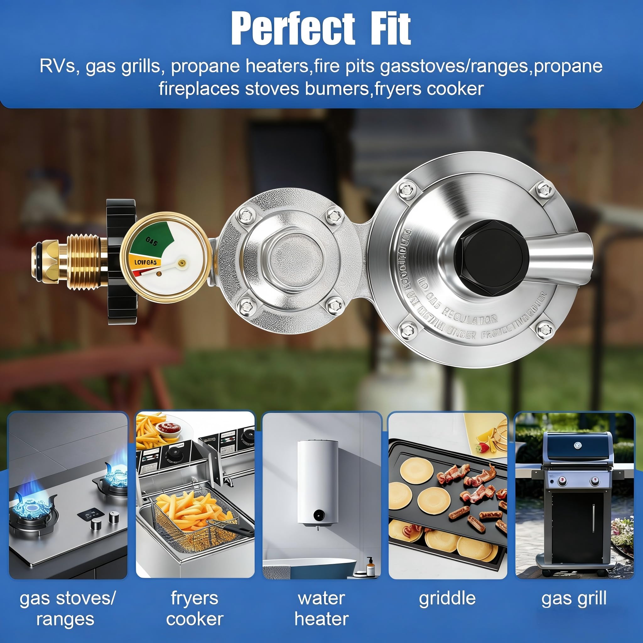 Feikeer Pionowy 2-stopniowy regulator propanu z POL i miernikiem, dwustopniowy regulator propanu, standardowe złącze NPT, dwustopniowy regulator do zbiornika 9-45 kg, grill gazowy, kampera, grzejnik