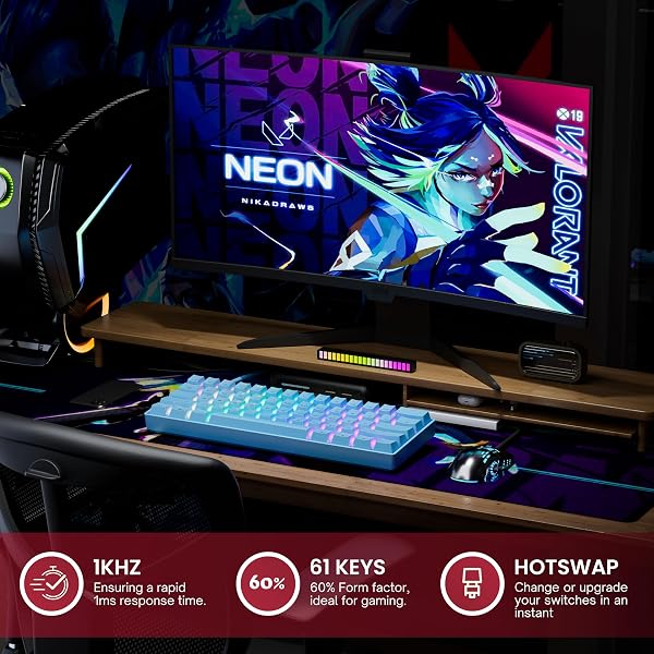GK61 Mechanical Gaming Keyboard - 61 Keys Multi Color RGB Illuminated LED Backlit Wired Programmable for PC/Mac Gamer (Gateron Optical Yellow, Blue) - 2