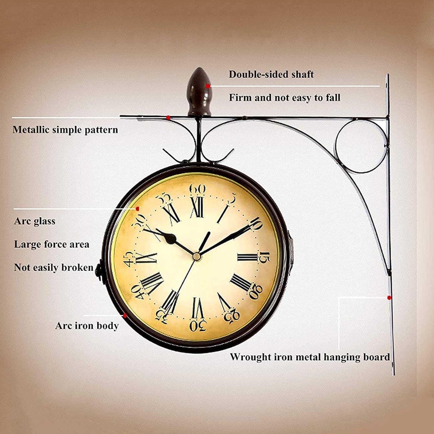 Wrought Iron Retro Creative Home, Outdoor Garden Wall Clock, Wall Clock Double-Sided Wall Clock Outdoor Decoration Outside Clock Beautiful Scenery