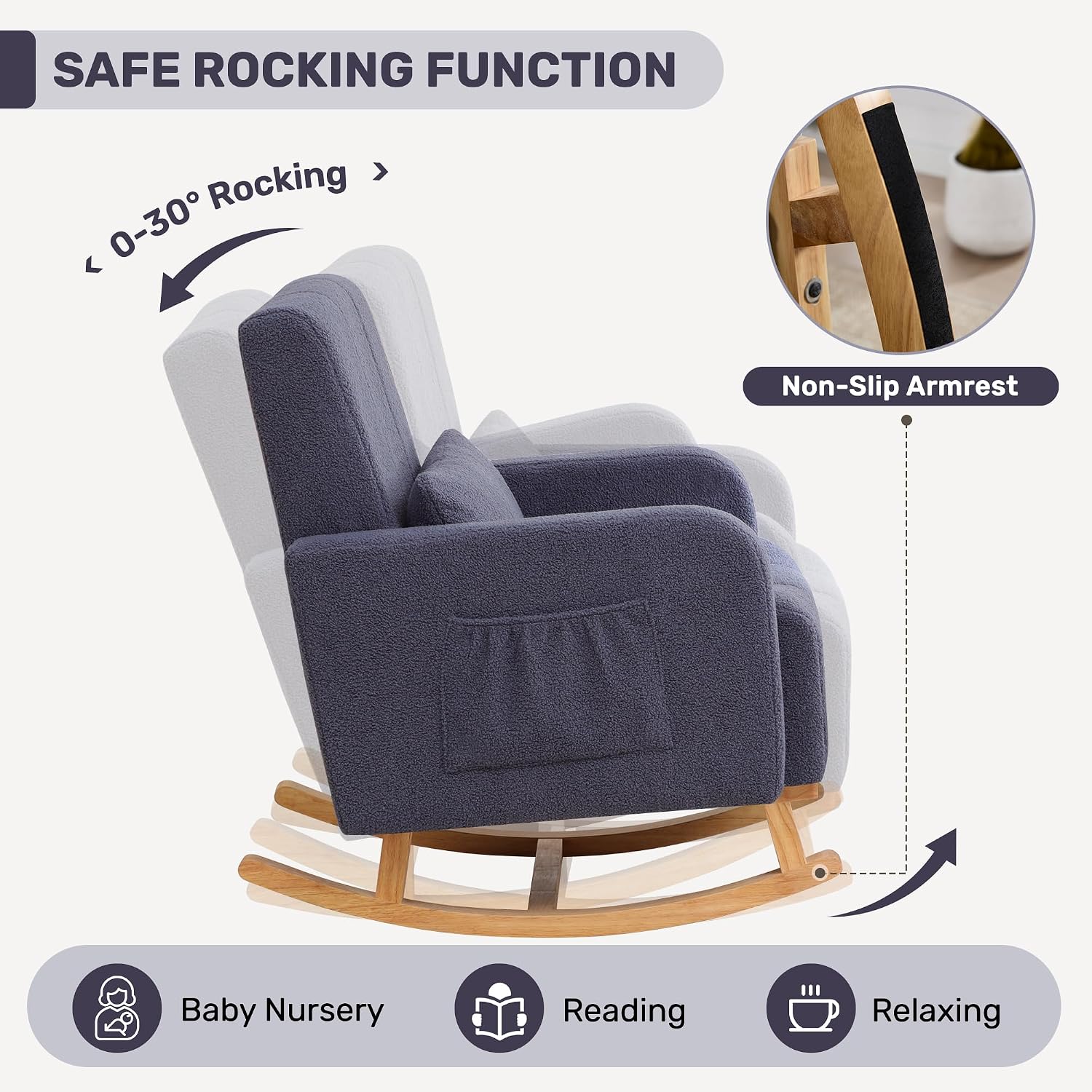  Nursing Rocking Chair with Ottoman, Upholstered Glider Rocker with High Backrest and Side Pocket, Comfy Reading Chair with Solid Wood Legs for Nursery, Living Room,Bedroom Dark Grey thumbnail
