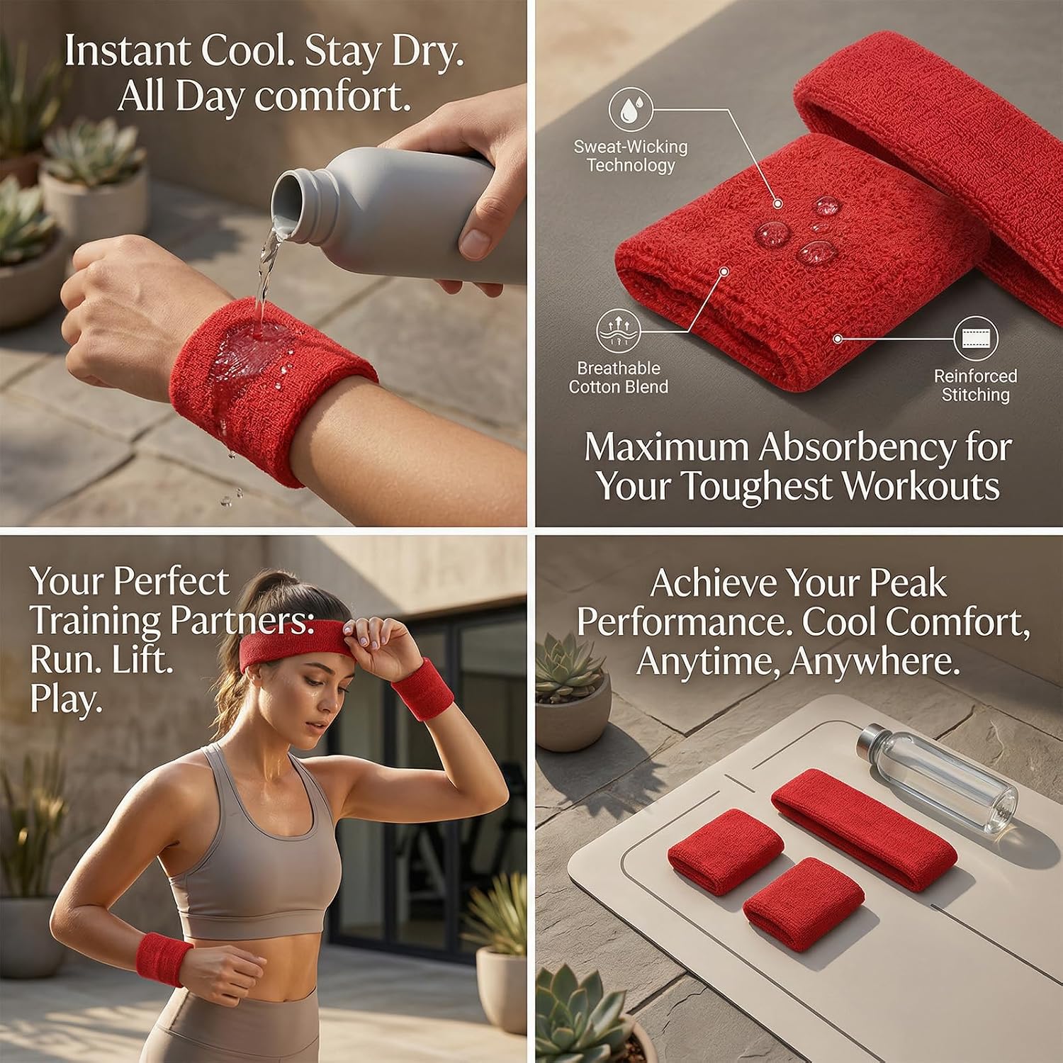 Sports Sweatband Set with Headband and Wristbands, Cotton Material, Sweat-Wicking for Athletic Activities, Red, 3 Pieces