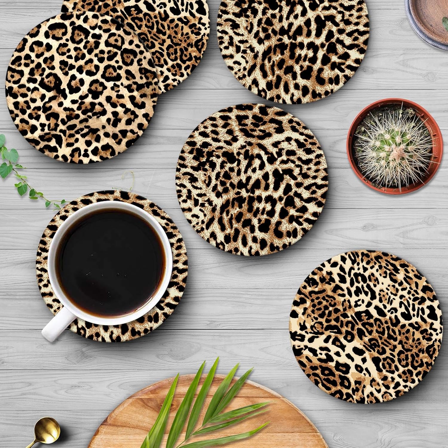 Coaster for Drinks Set of 6, Leopard Animal African Tiger Cheetah Absorbent Round Ceramic Stone Mat, with Cork Base and Metal Holder, Gift for Housewarming Room Bar Decor