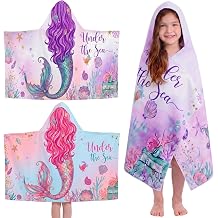 Peryiter 2 Pcs Mermaid Hooded Beach Towel Quick Dry Towels Swimming Bath Shower Pool Travel Trips Vacations Absorbent Soft Beach Blanket