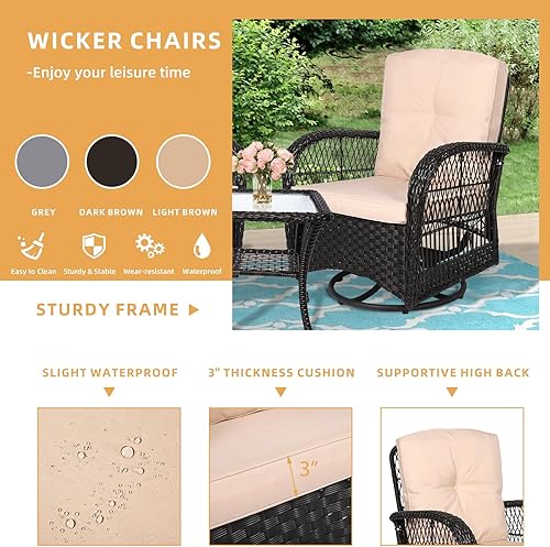 Miniatura 4 de Juego de 3 piezas de mimbre para patio, muebles de exterior, juego de conversación de patio, silla mecedora giratoria de 360 grados con cojines