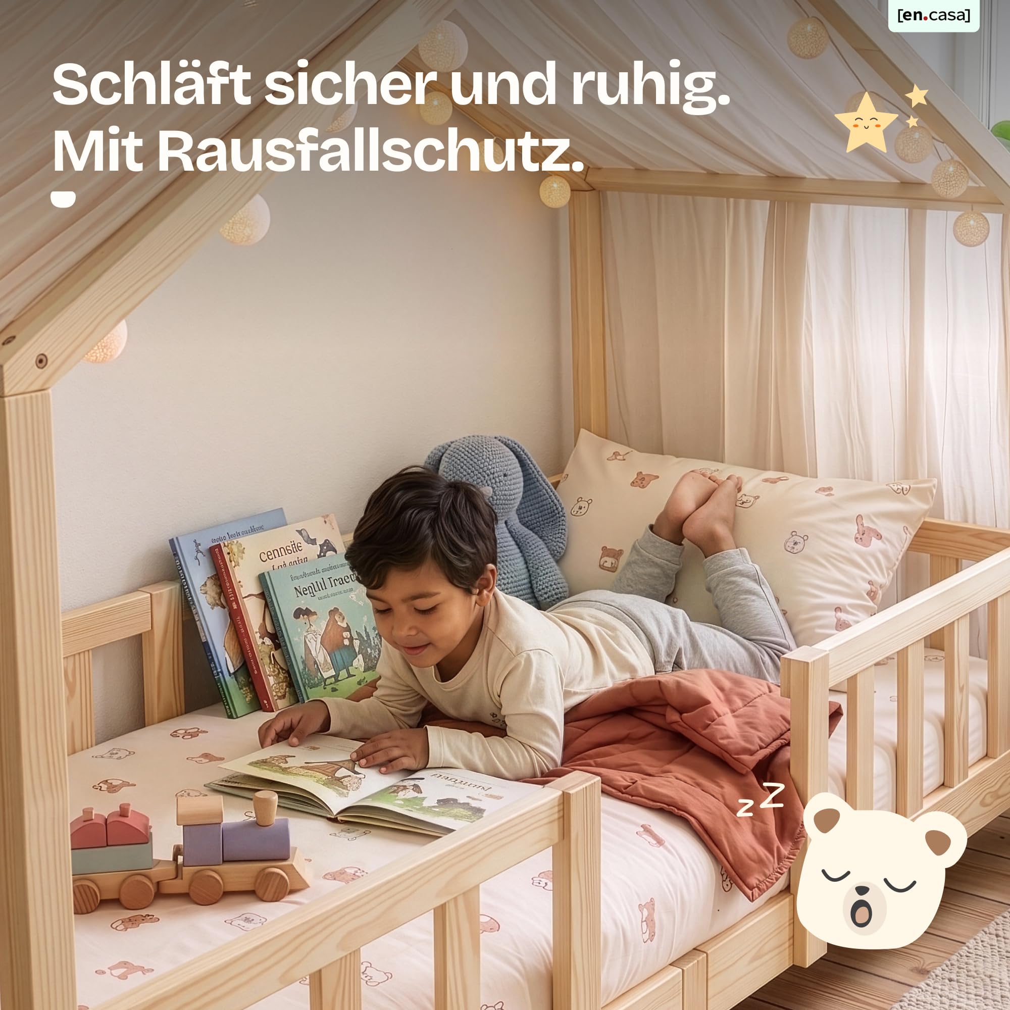 [en.casa] Kinderbett Treviolo mit Matratze 90 x 200 cm Hausbett Holzbett für Kinder mit Rausfallschutz Montessori Bettgestell mit Lattenrost Spielbett Kiefernholz Holz Natur