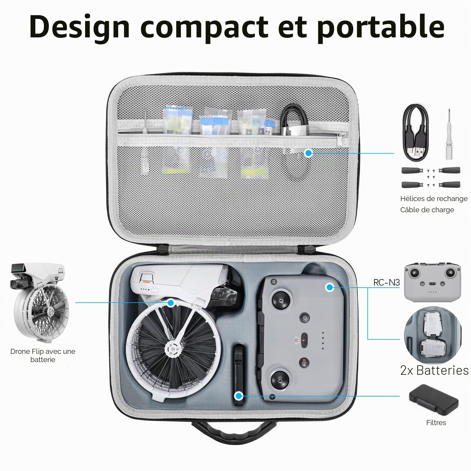 FPVtosky Sac pour DJI Flip, étui étanche Portable en polyuréthane avec bandoulière, Tasche pour Drone DJI Flip et Accessoires de Batterie (pour contrôleur DJI RC-N3), Noir, Sac