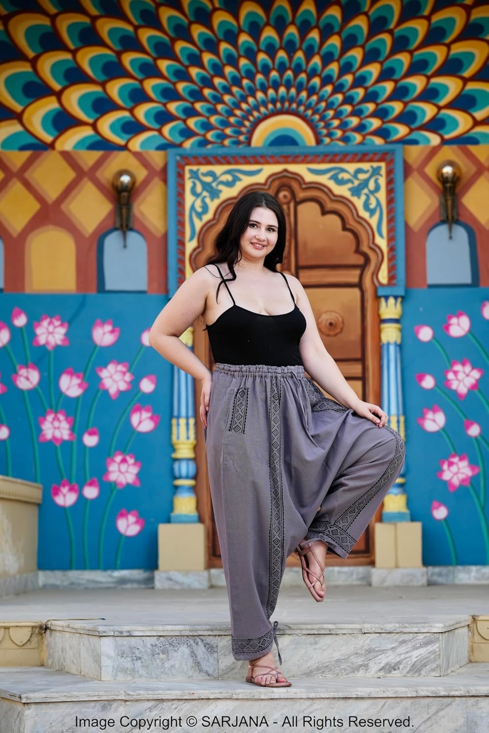 SARJANA Women's Solid Color Harem Pants Handmade Printed Yoga Boho Trousers with Pockets Free Size