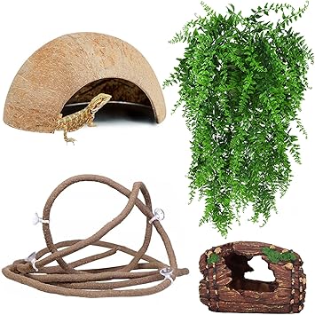 HERCOCCI Lizard Hideout, Natural Coconut Hideout Cave Reptile Vines with Plants Tank Habitat D?cor for Gecko Snake Spider Chameleon