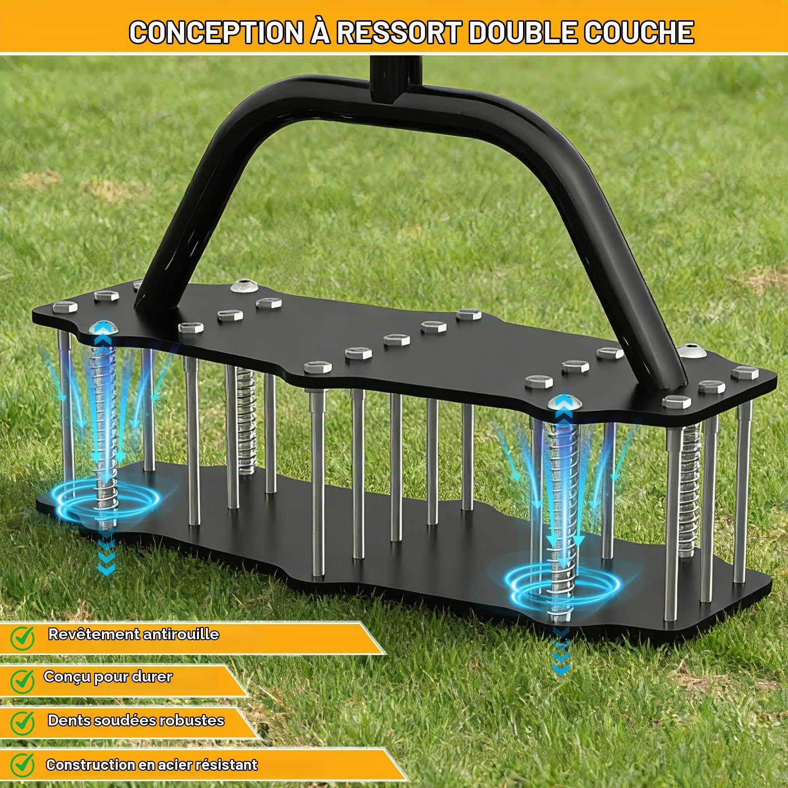 Aérateur de pelouse 16 Broches, aérateur de Manuel avec Nettoyage Automatique. pour Les sols compactés dans la Cour - idéal pour l'entretien de la pelouse dans Le Jardin et la Cour