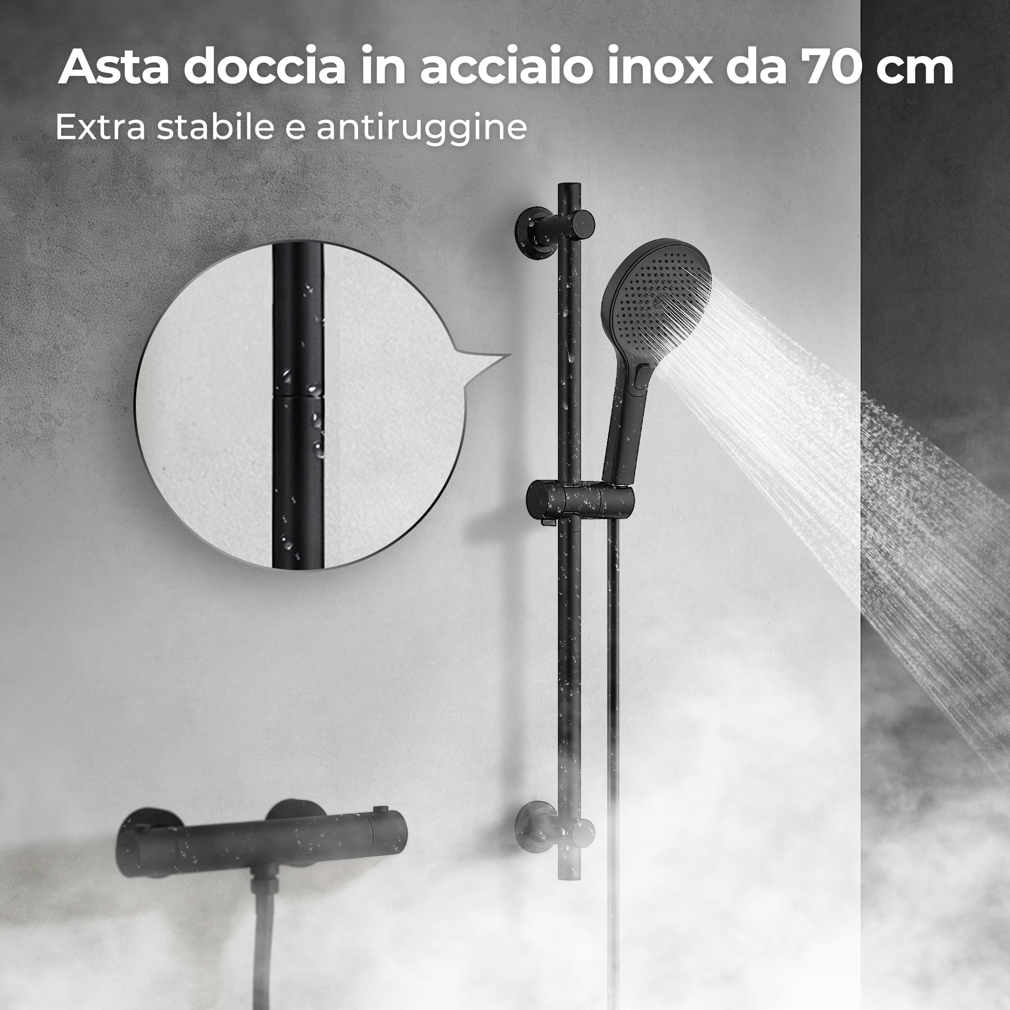 JOHO Colonna Doccia Senza Miscelatore, Asta Doccia Acciaio Inox 70 cm con Supporto Soffione Regolabile, Saliscendi Doccia Adattarsi ai Fori Esistenti con Doccetta 3 Geti, Nero