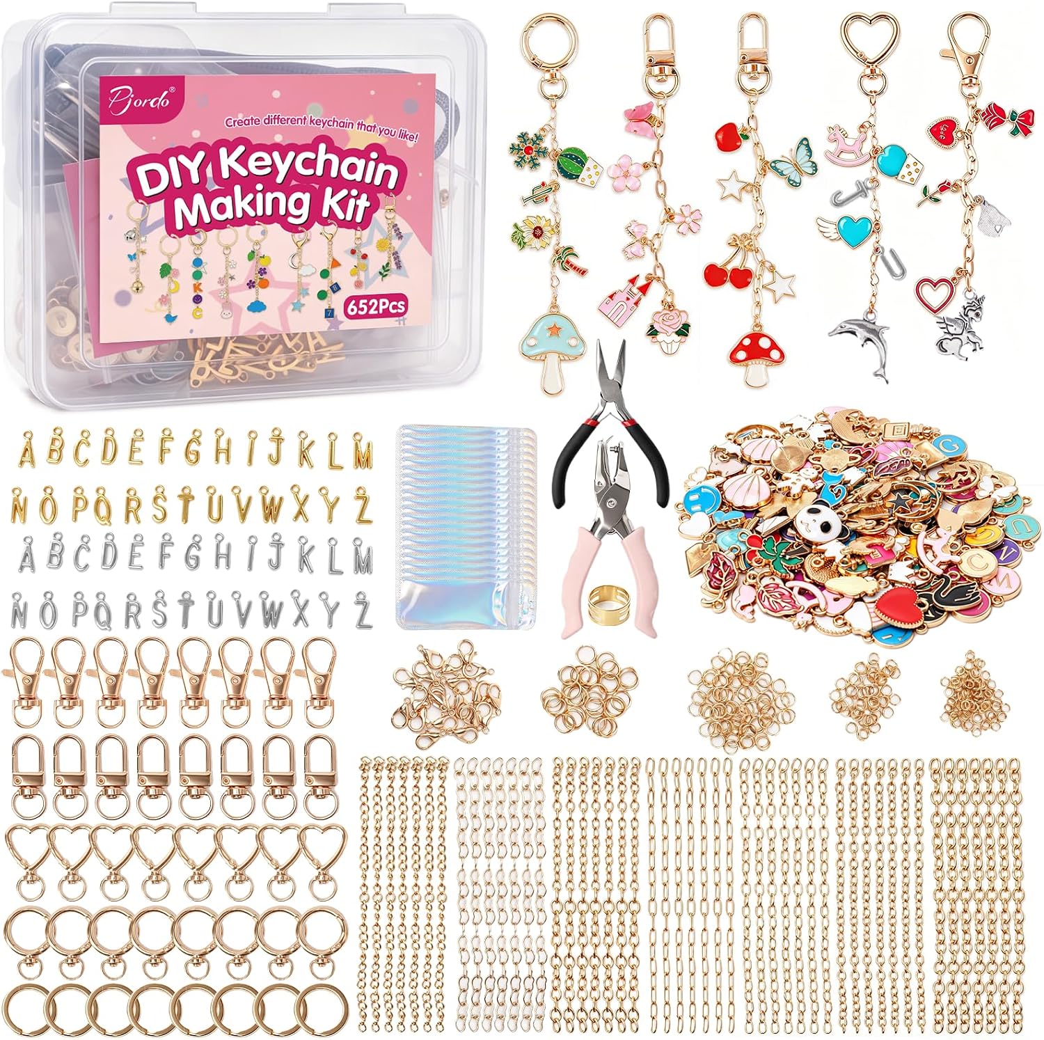 Pjordo 652Pcs Keychain Making Kit, Gold Silver Bag Charm Kit, DIY Keychain Kit Includes 334 Charms 35 Extender Chain 24 Key Chain Clips & 1 Puncher, DIY Jewelry Making Kit for Keychain, Bag & Bracelet