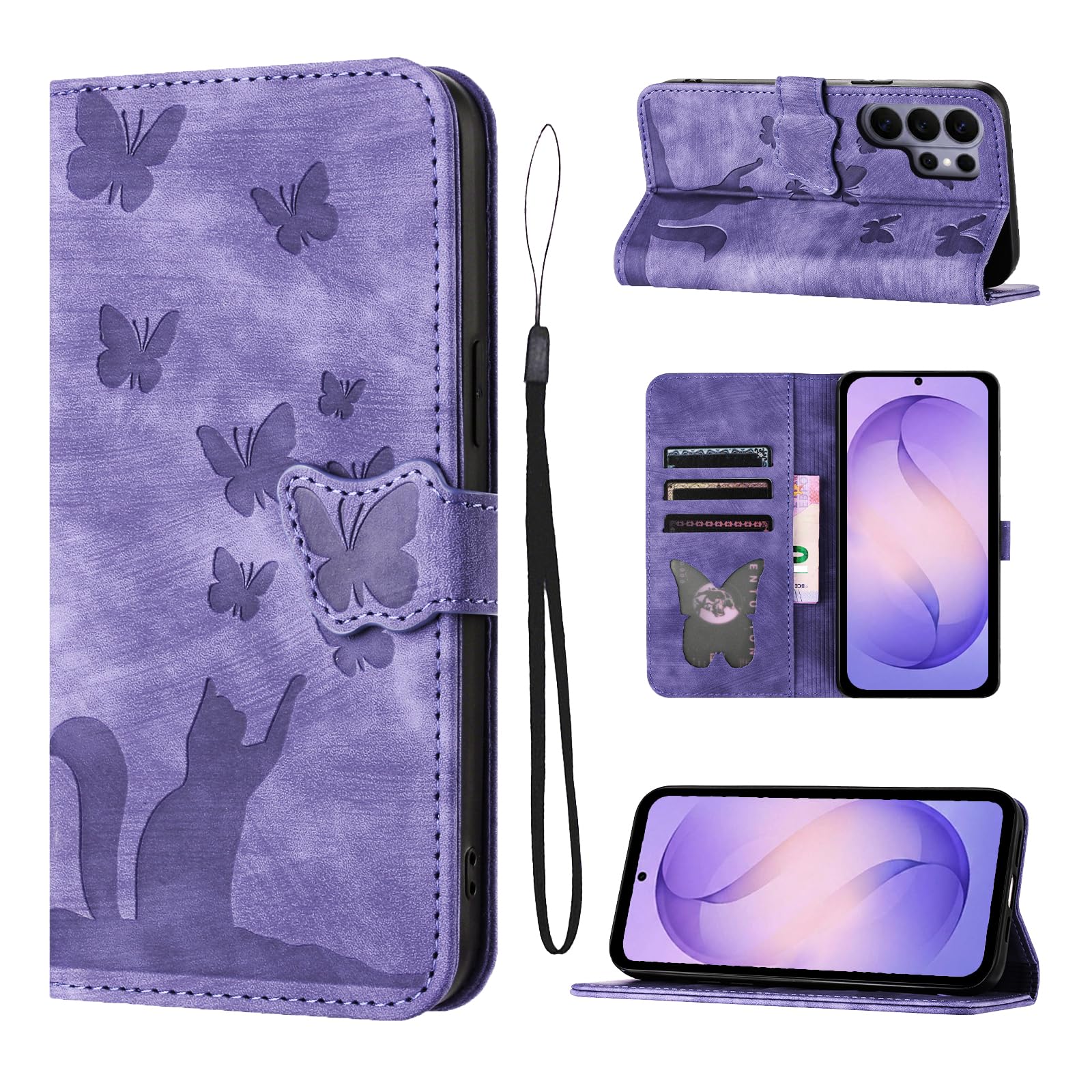 LSPCASA Cover per Samsung Galaxy S26 Ultra Custodia Cover Premium Pelle PU Portafoglio a Libro Flip Case Con Slot Per Schede e Funzione Supporto Gatto farfalla Custodia per Galaxy S26 Ultra Viola