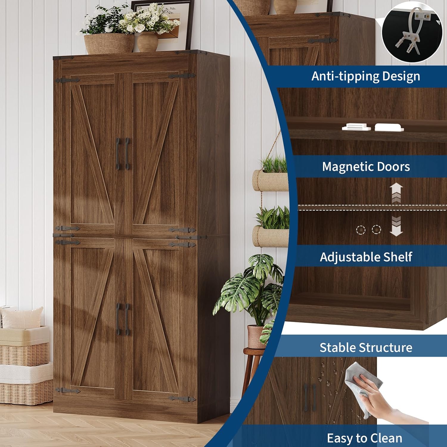 Close-up of the GarveeHome cabinet highlighting anti-tipping design, magnetic doors, adjustable shelf, stable structure, and easy-to-clean surface.