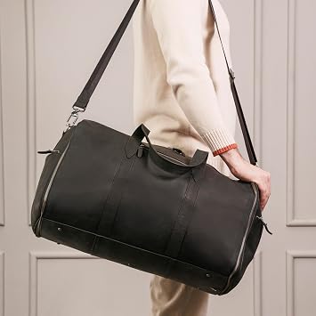 VELEZ Black Top Grain Leather Garment Bag + Backpack For Men