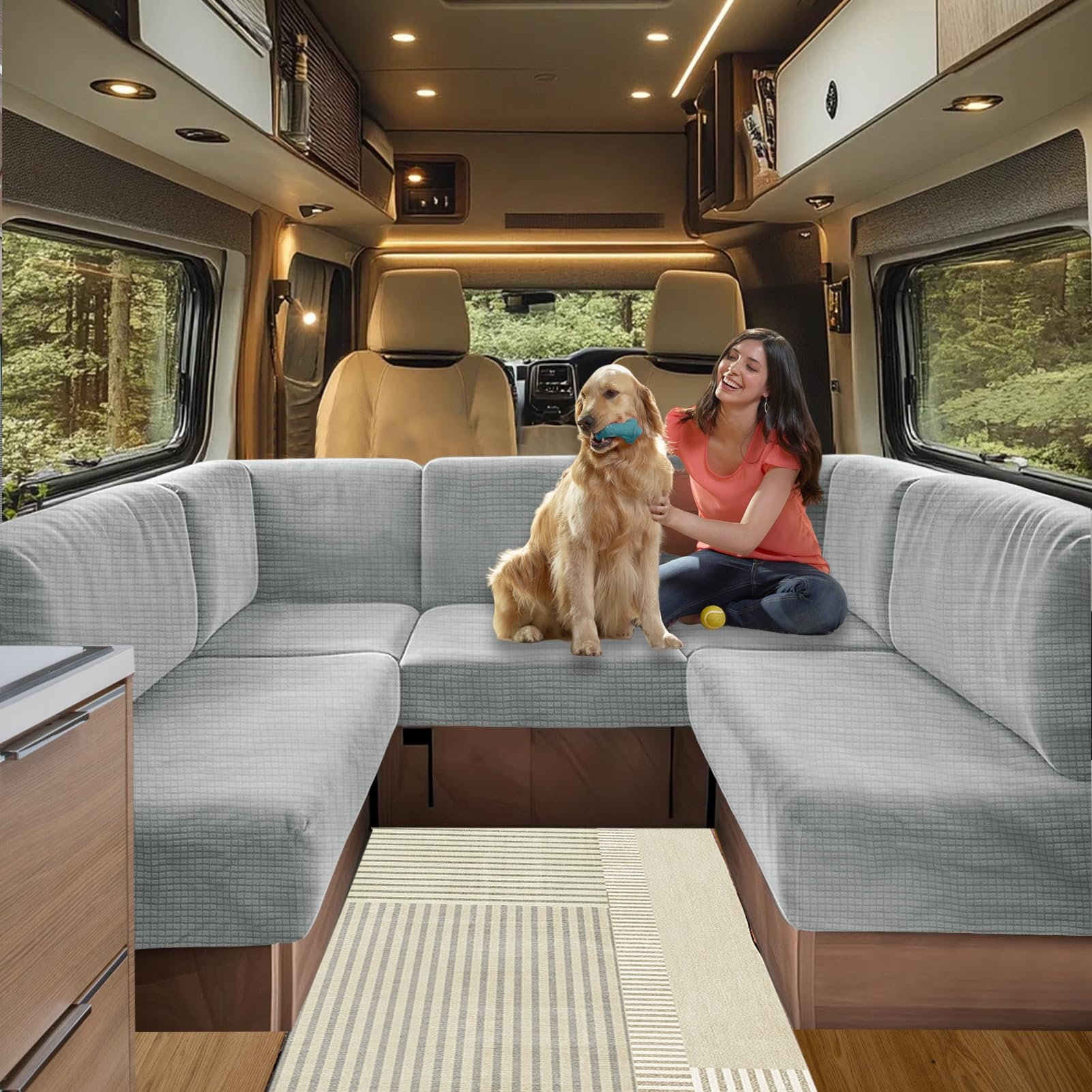 Caravan Seat Cover Stretch Jacquard, Non-slip RV Dinette Cushion Covers, for Caravan Camper Sofa Anti-Slip Kids and Pets-Friendly Washable (Light grey,W 160-190cm, D 90-110cm)
