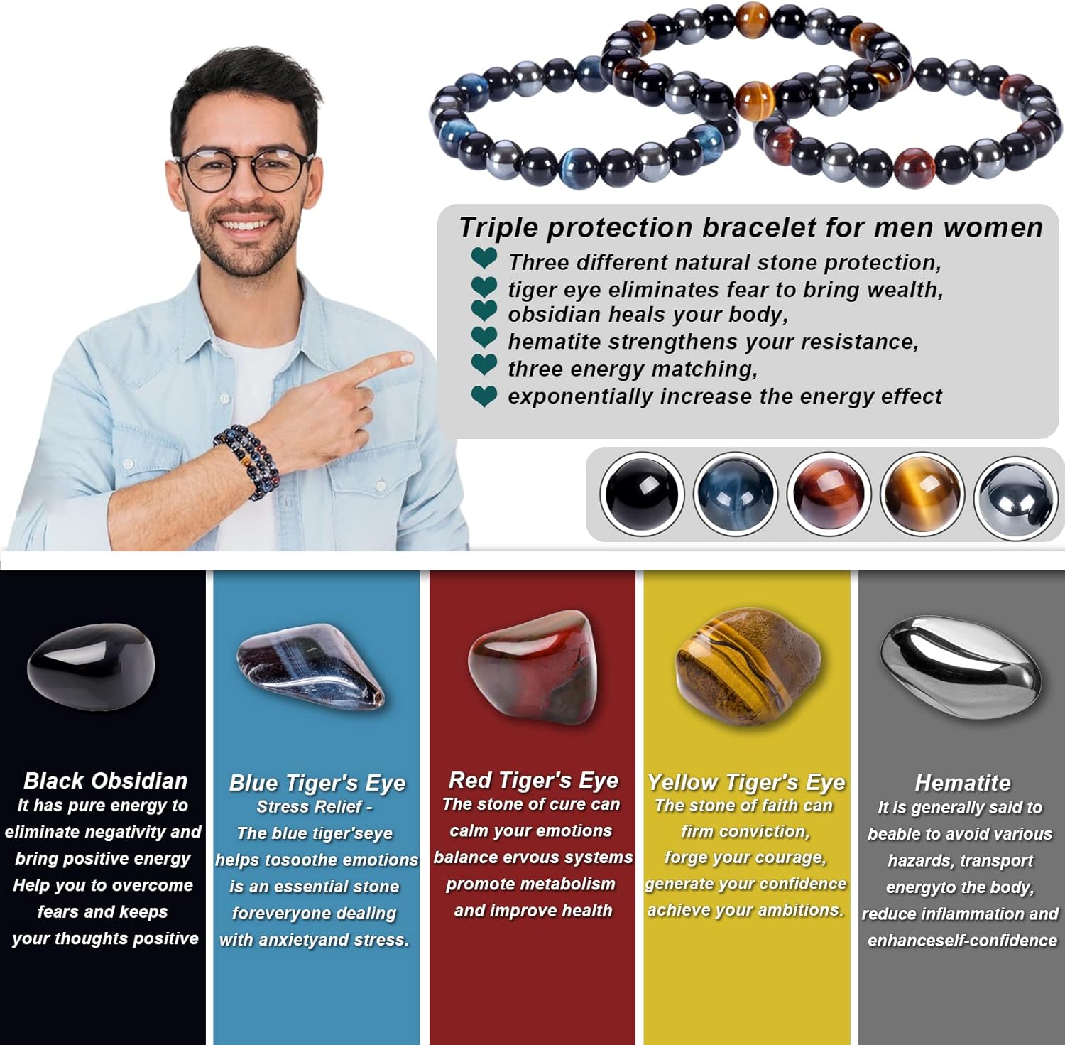 SAMXY Triple Protection Bracelet, 8mm Healing Crystal Bead Bracelet, 3pcs Blue Red Tiger's Eye Obsidian Hematite Bracelet Women Men - Image 2