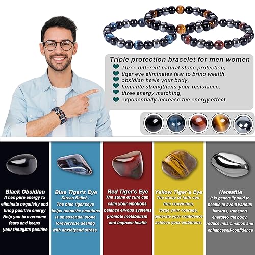 Miniatura 9 de SAMXY Triple Protection Bracelet, 10mm Healing Crystal Bead Bracelet, 2pcs Red Yellow Tiger's Eye Obsidian Hematite Bracelet Women Men (2Pcs 10mm