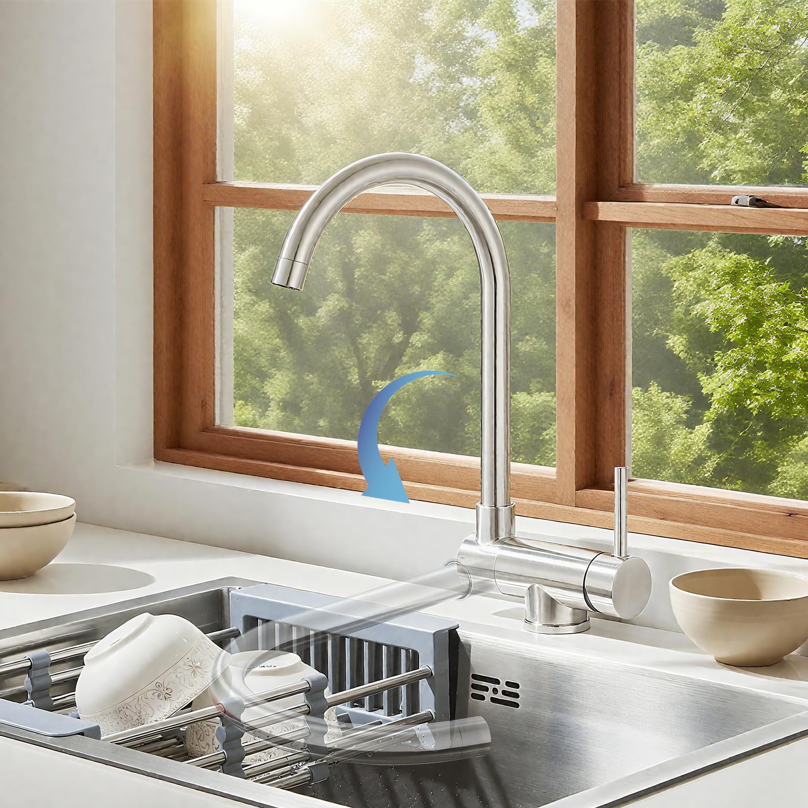 Grifo Cocina Abatible, Grifo de Fregadero Abatible Giratorio de 360°, Grifo Fregadero Cocina Plegable de Inox, Mezclador Fregadero Agua Fría y Caliente