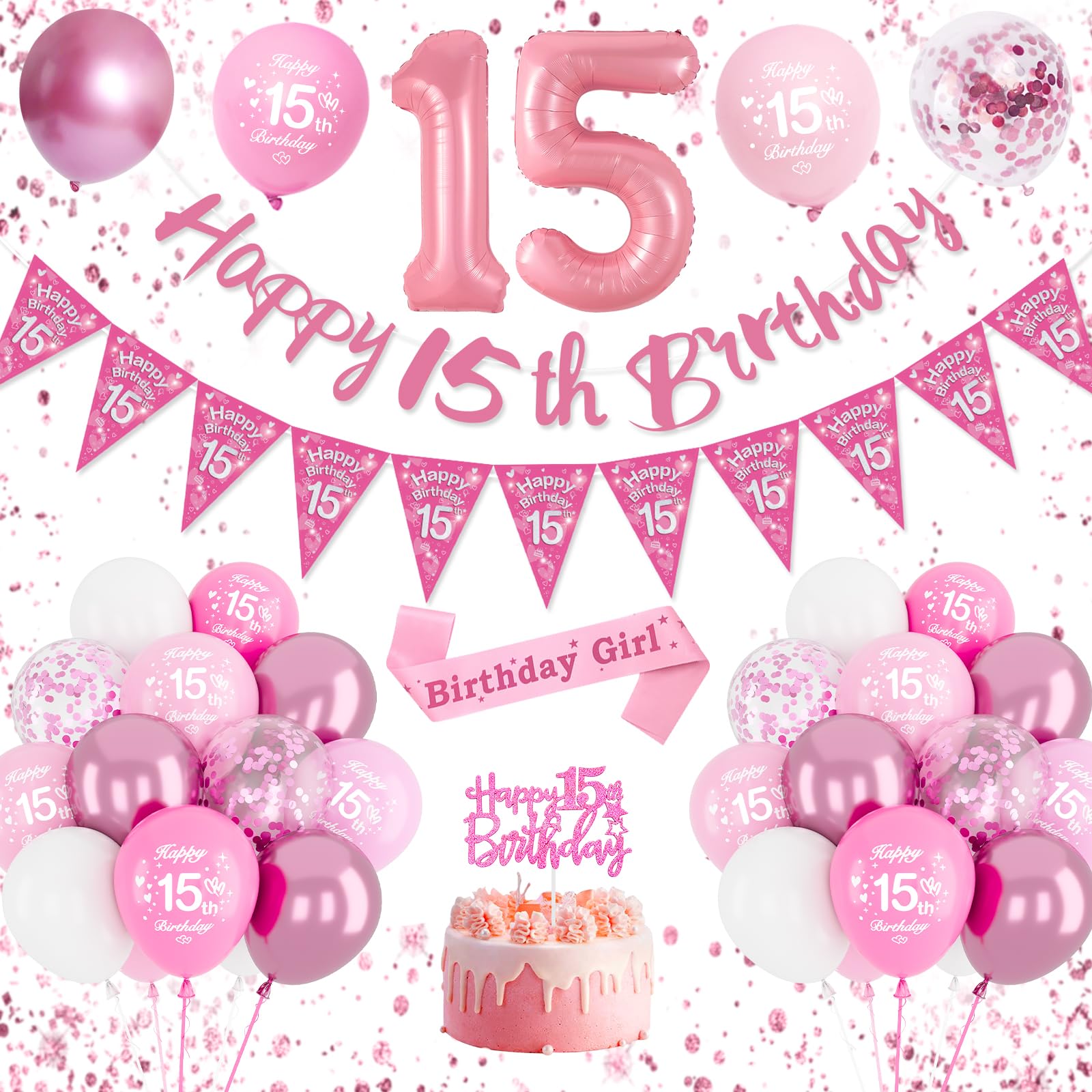 15th Birthday Decorations for Girls, Pink Balloons with Birthday Banner